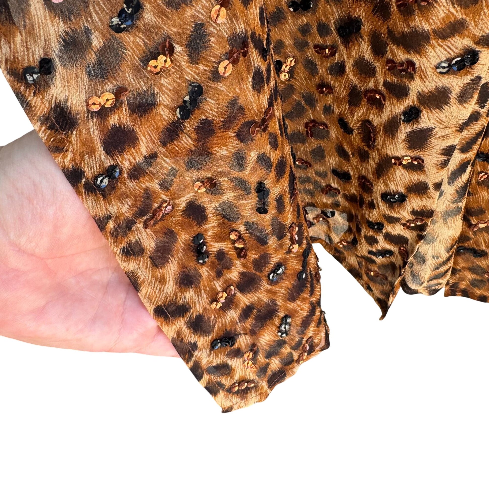 Diane Gilman Leopard Print Sequin Cardigan Duster Coat Silk Brown Black New S