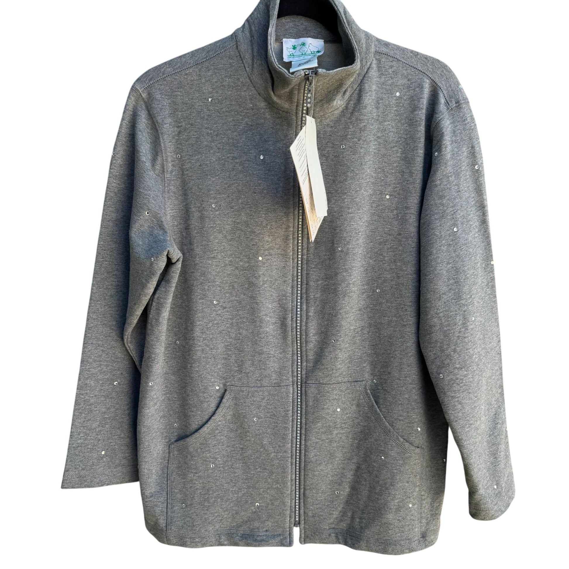 The Quacker Factory Womens Gray Rhinestone Embellished Pocket Zip Jacket New S