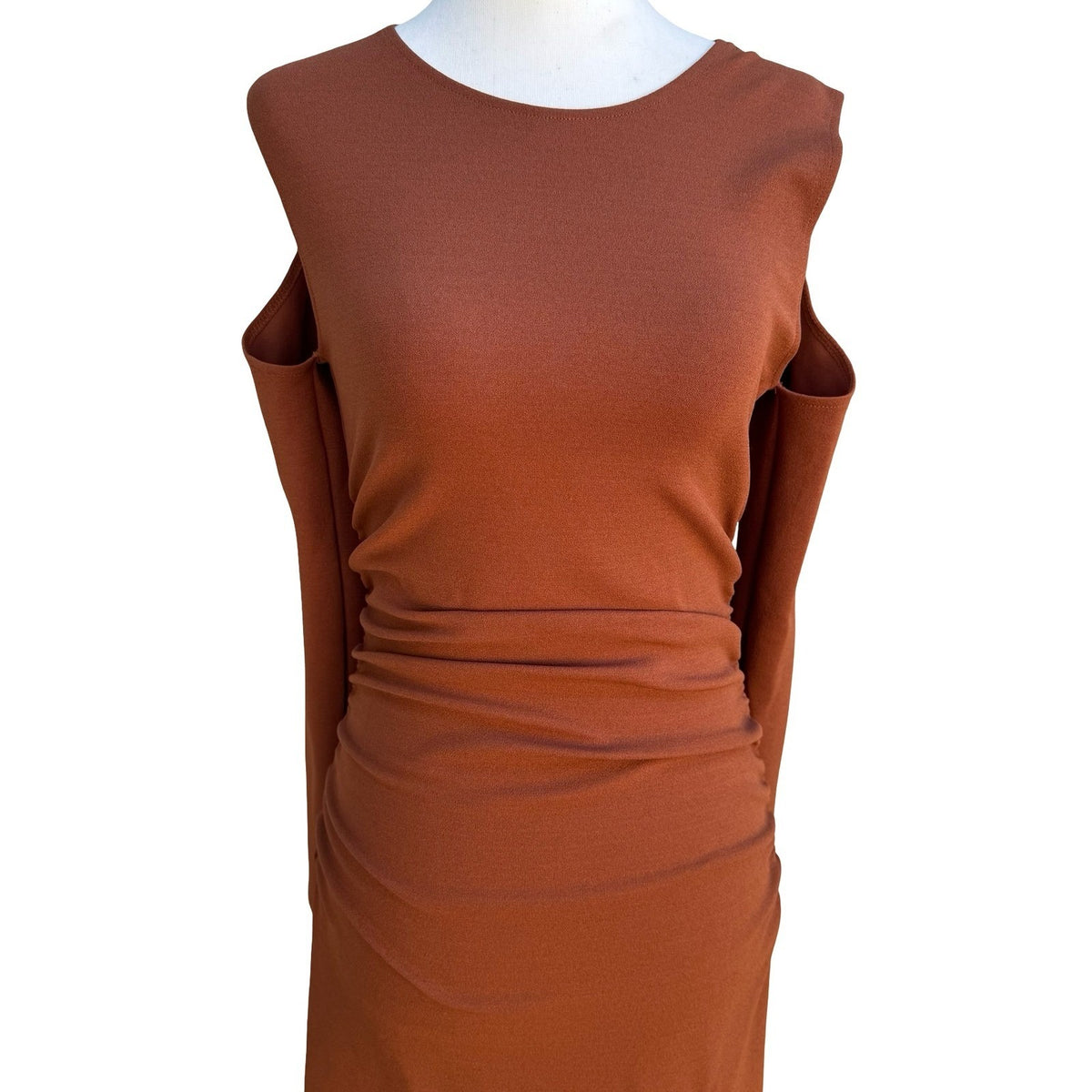Zara Minimalist Earthy Cold Shoulder Ruched Draped Bodycon Midi Dress Brown S