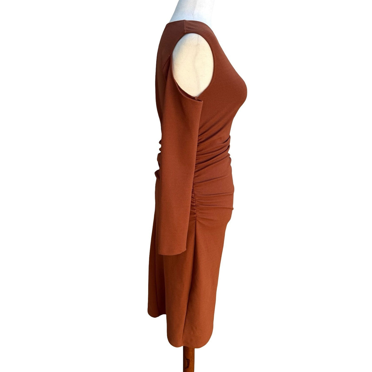 Zara Minimalist Earthy Cold Shoulder Ruched Draped Bodycon Midi Dress Brown S
