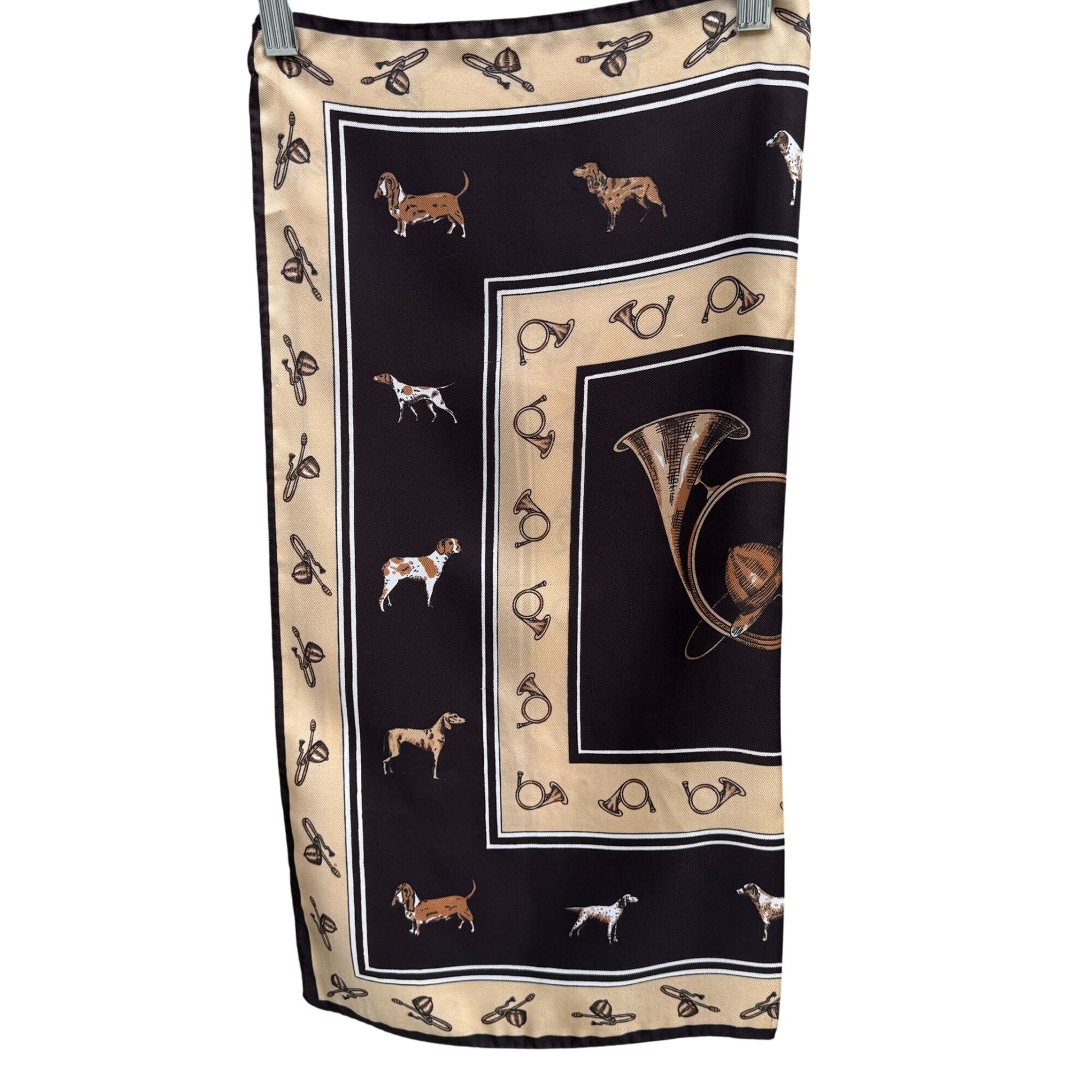 Vintage Equestrian Hand Sewn Square Scarf Horse Hunting Horns Dogs Old Money OS