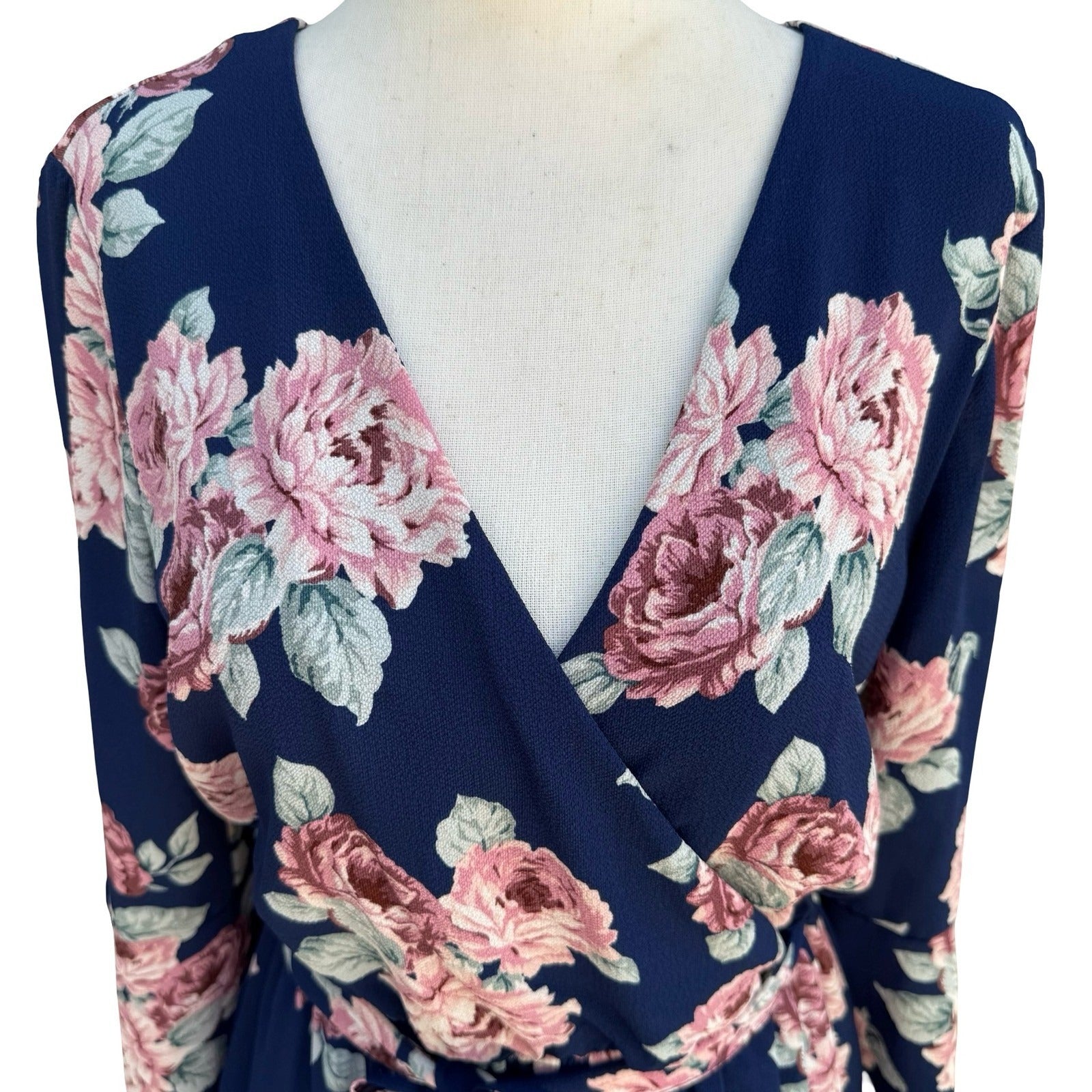 Lily Rose Navy Floral Long Sleeve Split Cuff Romper S Cottage Romantic Boho