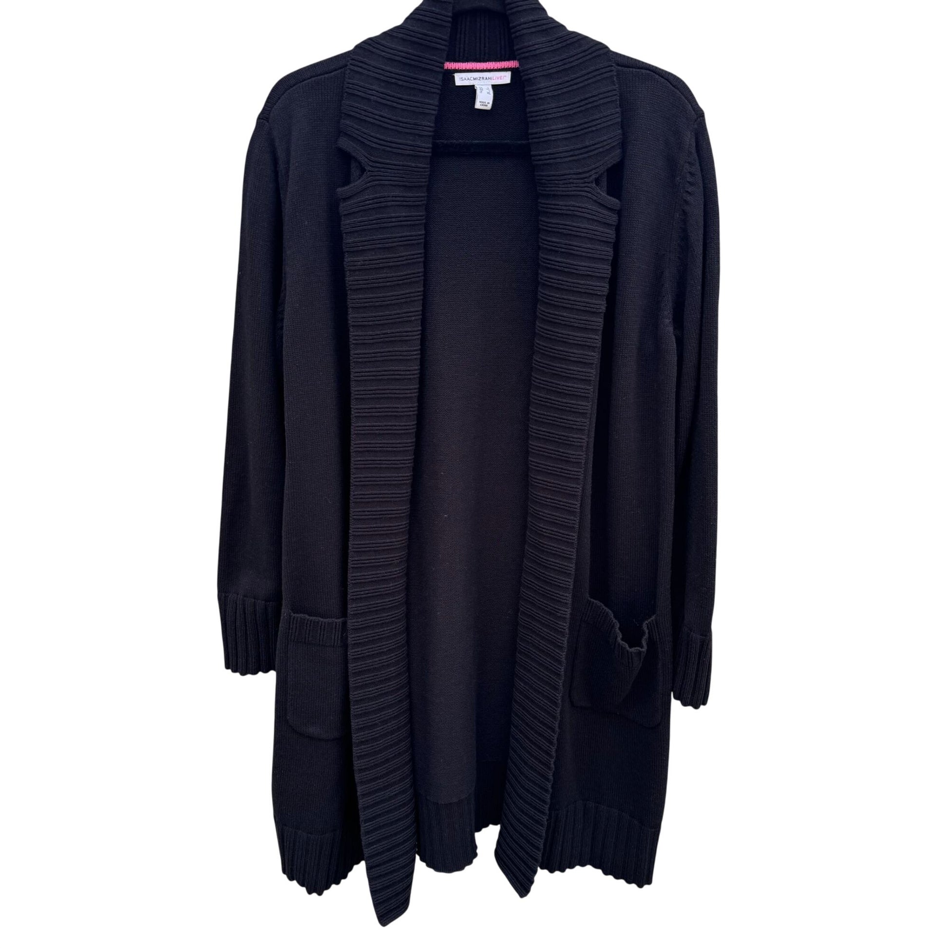 Isaac Mizrahi Womens Black Ribbed Open Front Knit Cardigan Sweater Pockets L