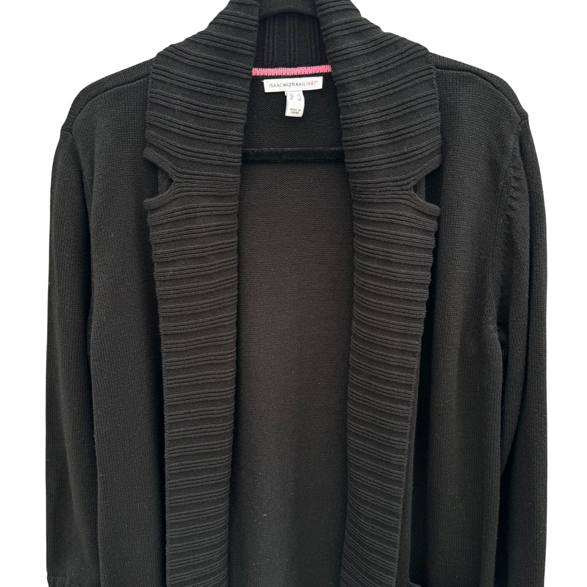 Isaac Mizrahi Womens Black Ribbed Open Front Knit Cardigan Sweater Pockets L