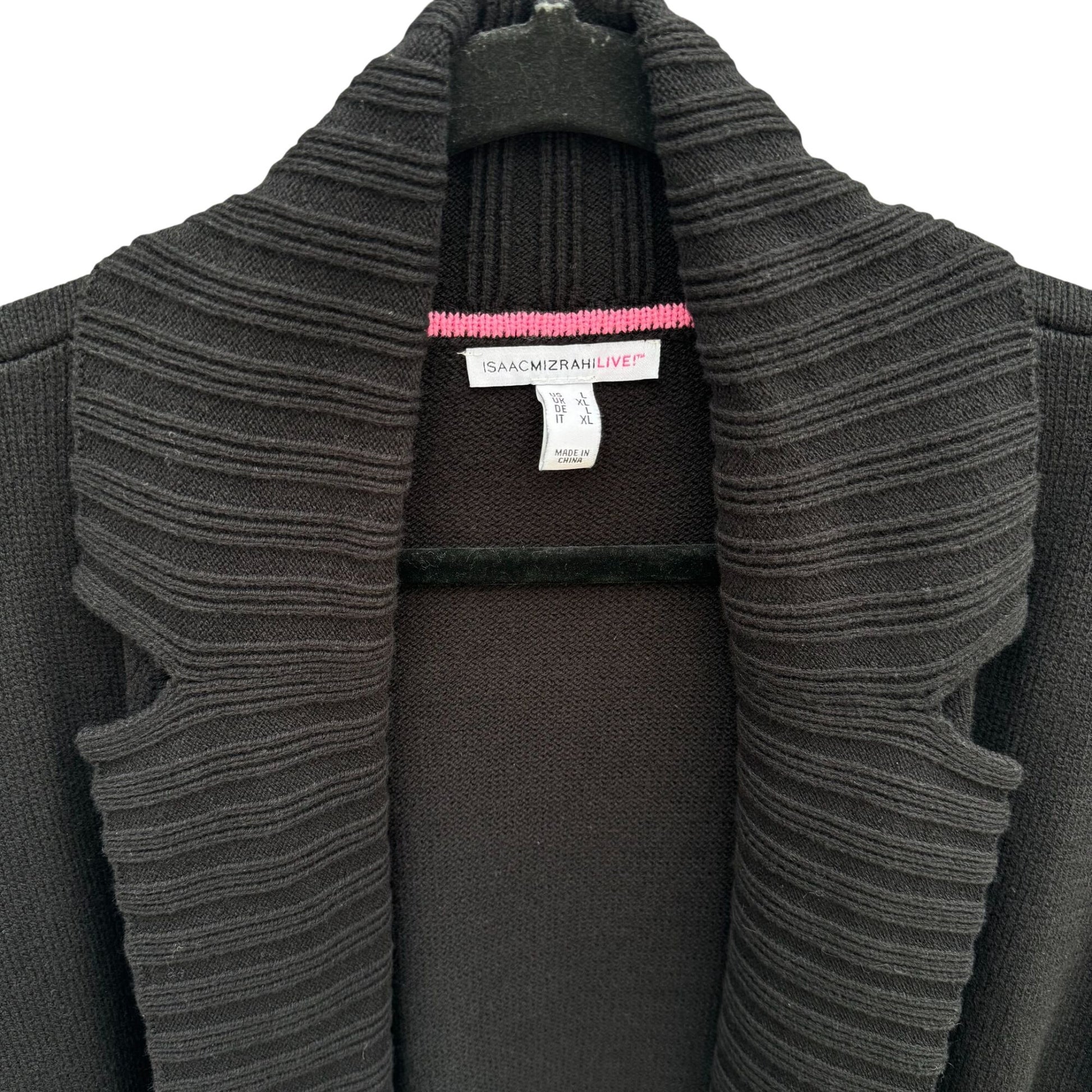 Isaac Mizrahi Womens Black Ribbed Open Front Knit Cardigan Sweater Pockets L