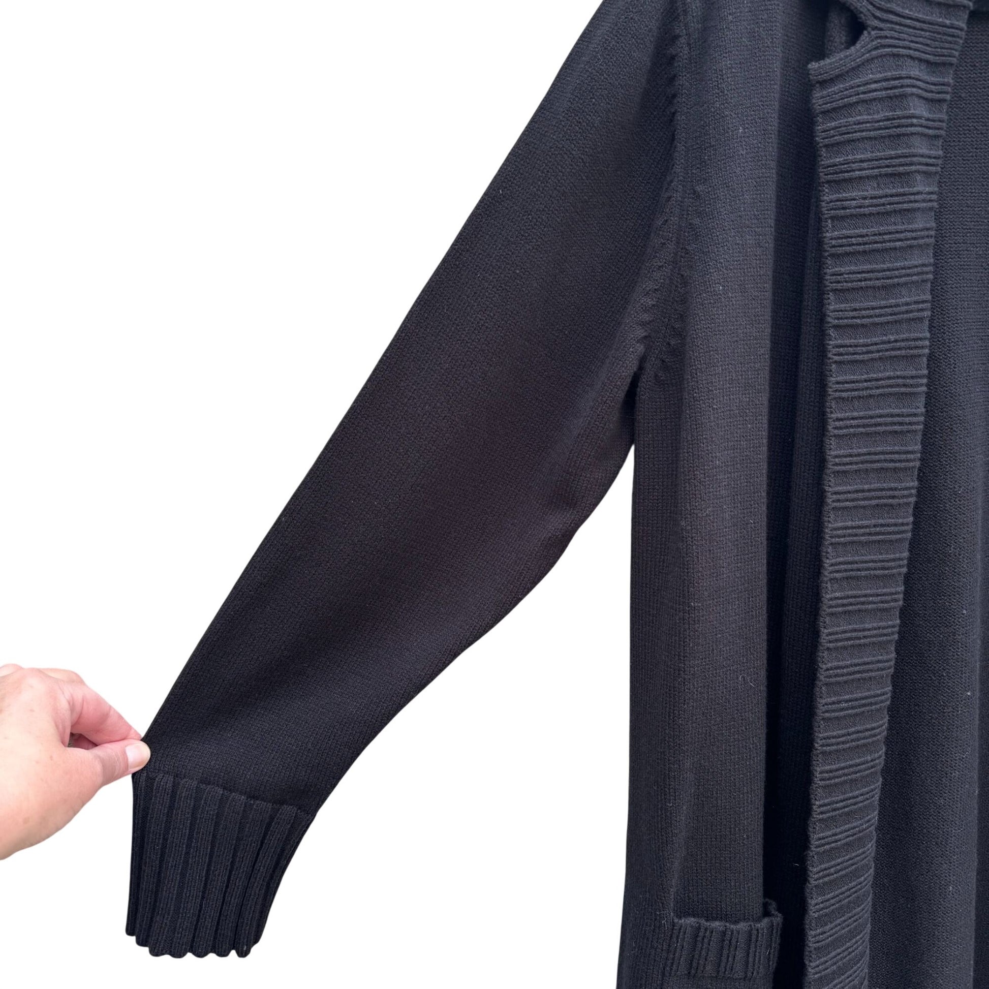 Isaac Mizrahi Womens Black Ribbed Open Front Knit Cardigan Sweater Pockets L