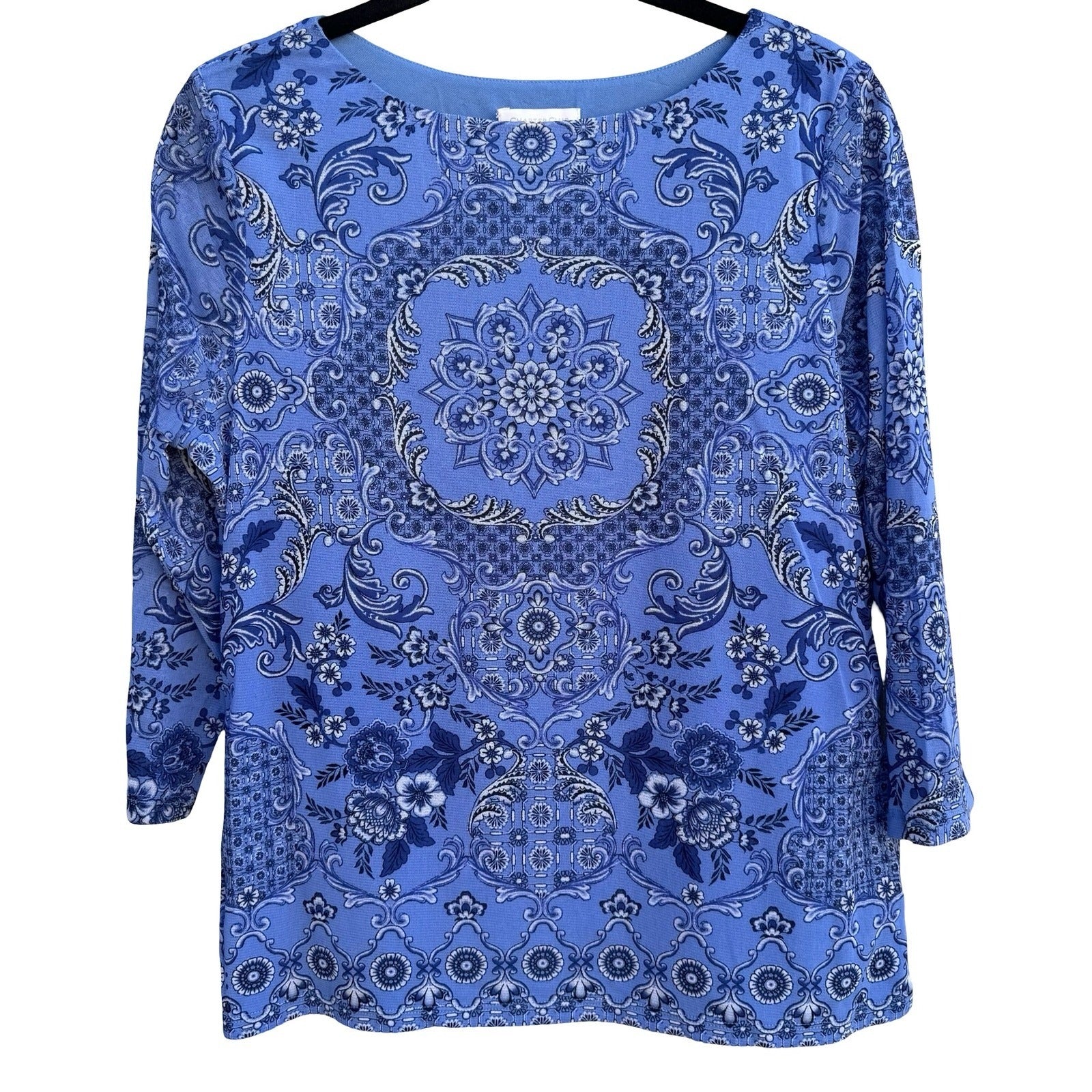 Charter Club Blue Medallion Paisley Mesh 3/4 Sleeve Top PL Boho Preppy Coastal