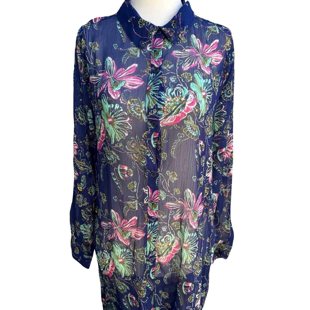 C Wonder Boho Coastal Resorwear Whimsigoth Floral Sheer Maxi Shirt Dress 12P