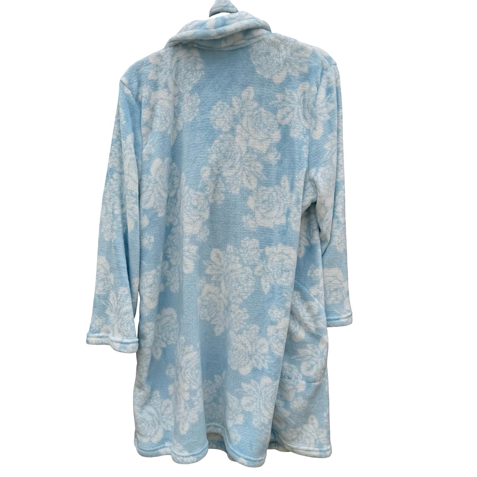 Noire Jasmine Rose Blue Floral Plush Fleece Robe Shawl Collar Large Loungewear