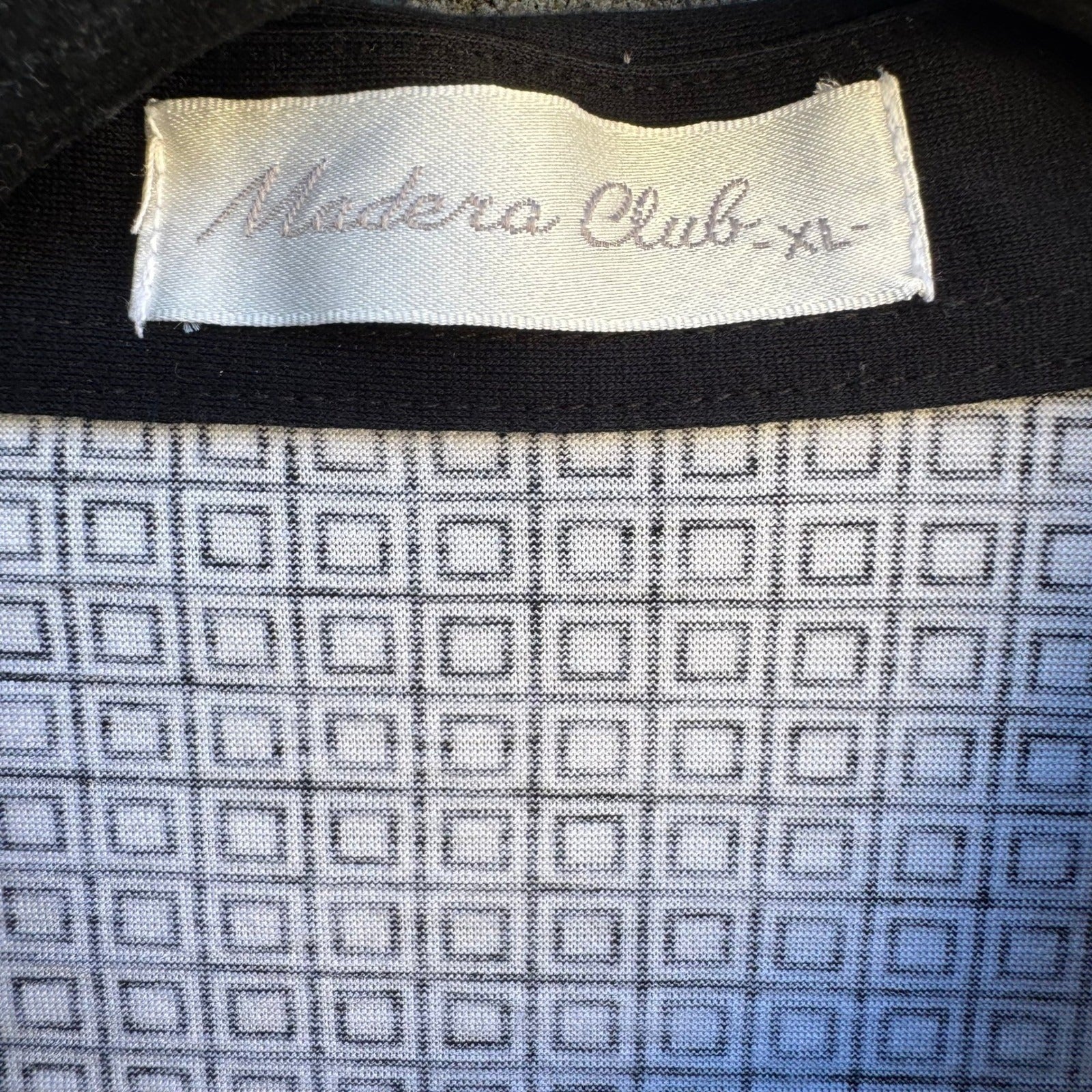Madera Club Vintage Mens L Long Sleeve Polo Shirt Black White Geometric Print