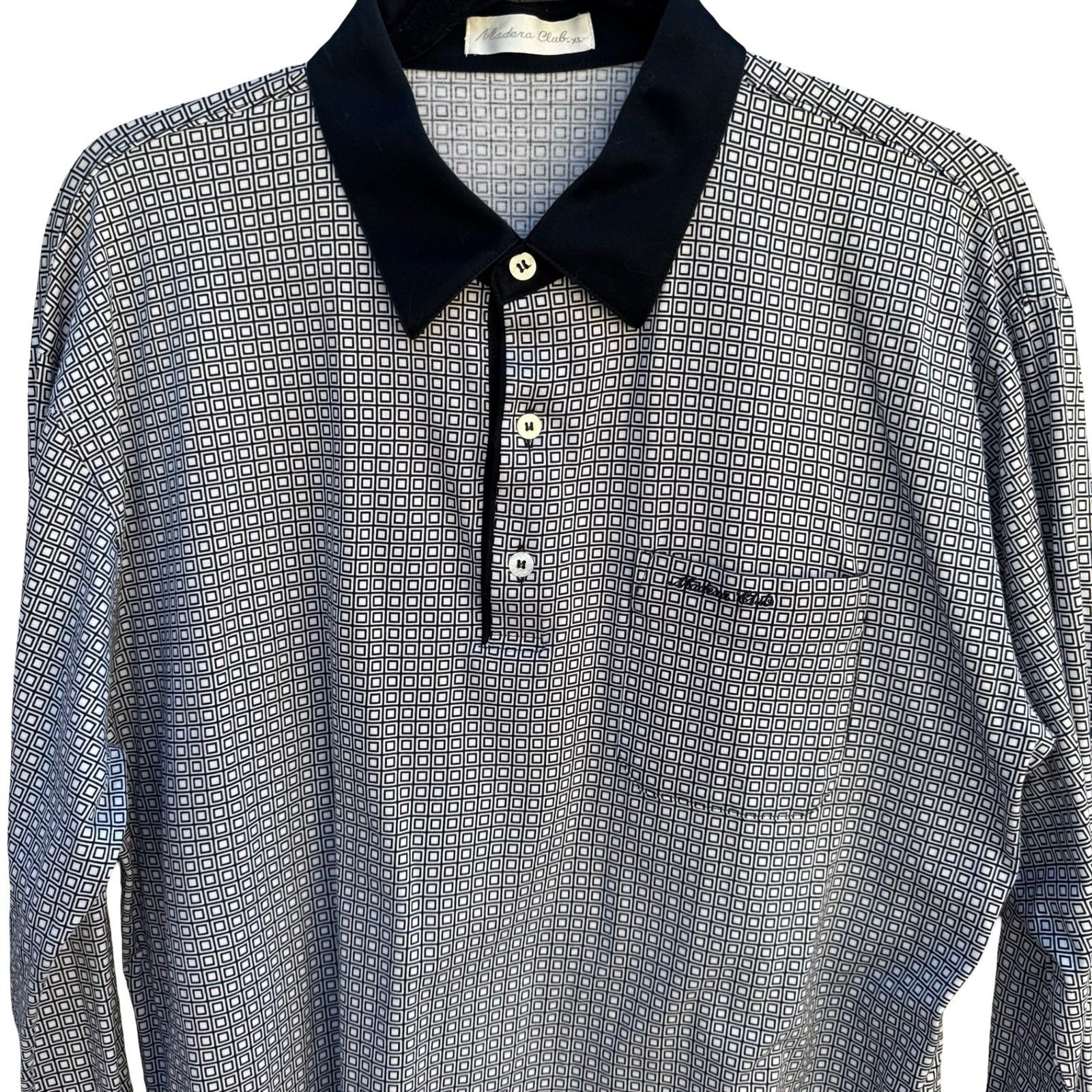Madera Club Vintage Mens L Long Sleeve Polo Shirt Black White Geometric Print