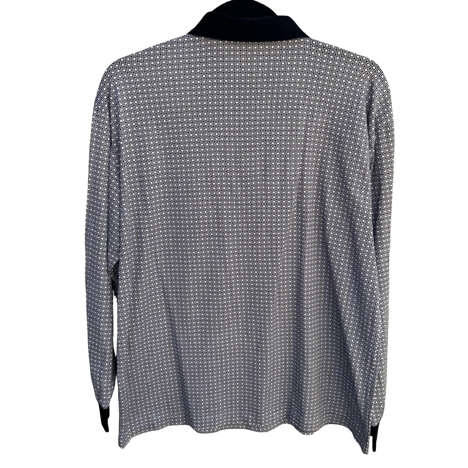 Madera Club Vintage Mens L Long Sleeve Polo Shirt Black White Geometric Print