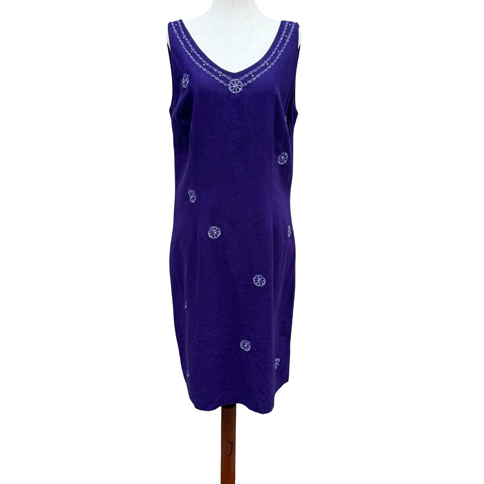 Sag Harbor Purple Linen Blend Embroidered Beaded V-Neck Sheath Dress Sze 10 Boho