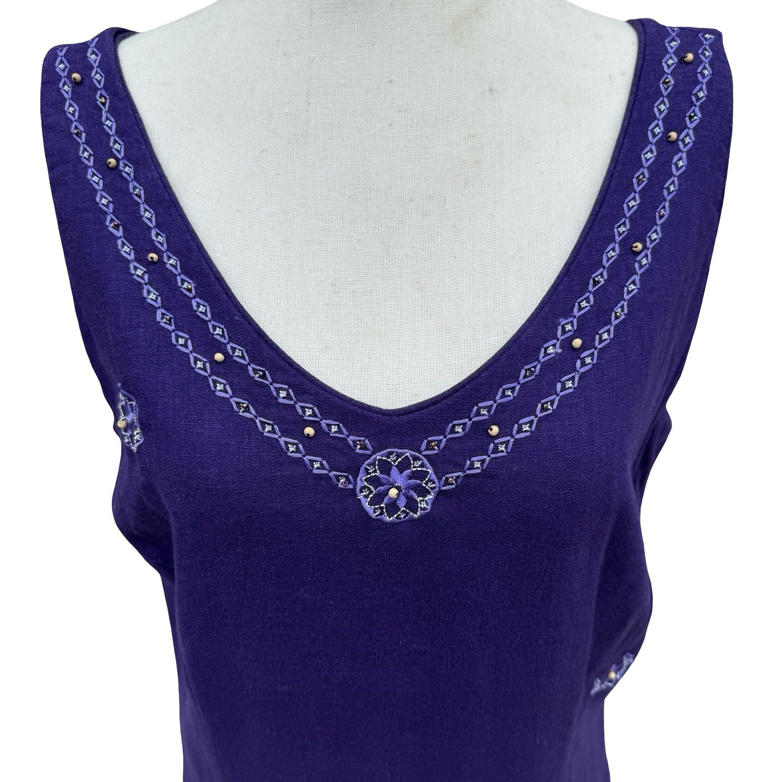 Sag Harbor Purple Linen Blend Embroidered Beaded V-Neck Sheath Dress Sze 10 Boho