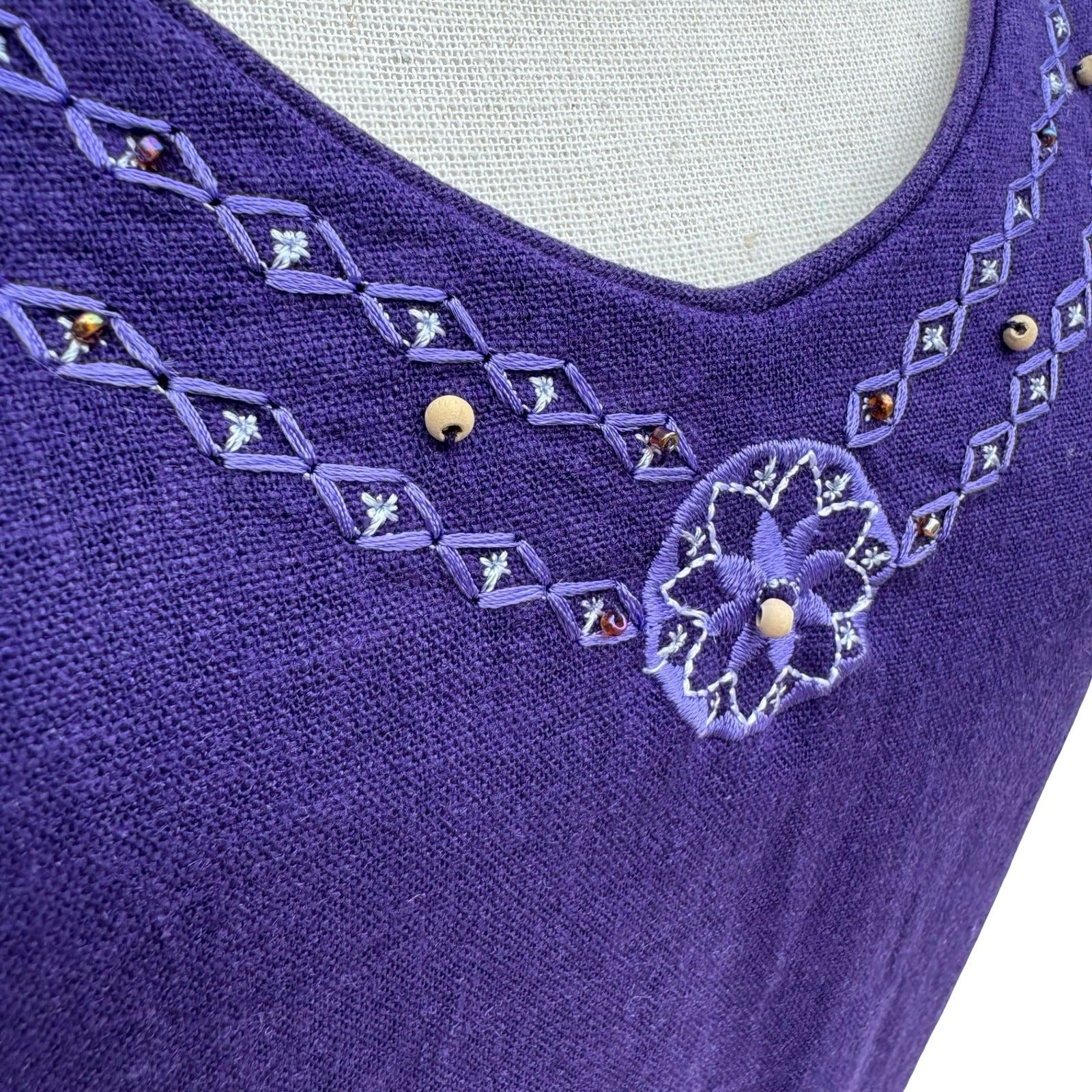 Sag Harbor Purple Linen Blend Embroidered Beaded V-Neck Sheath Dress Sze 10 Boho