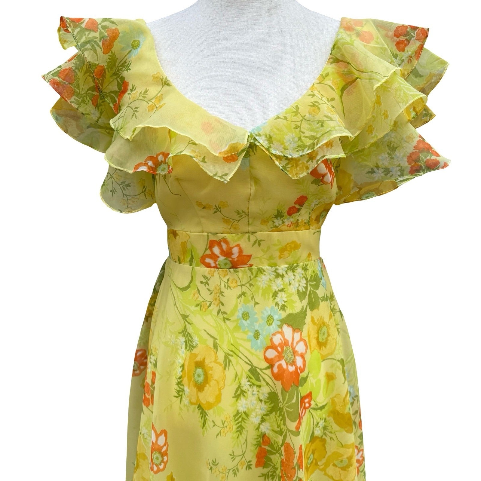 Vintage 70s Yellow Floral Chiffon Maxi Dress Ruffle Flutter Sleeve Garden Party