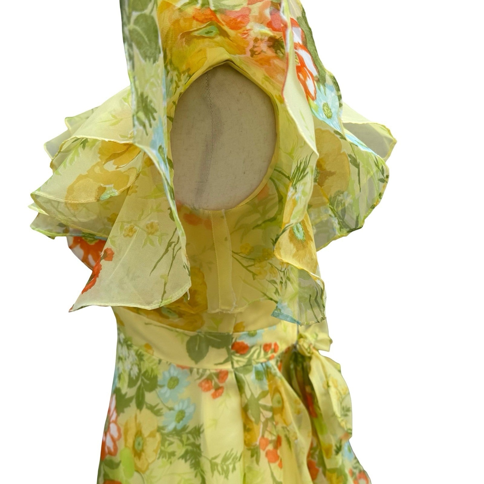 Vintage 70s Yellow Floral Chiffon Maxi Dress Ruffle Flutter Sleeve Garden Party
