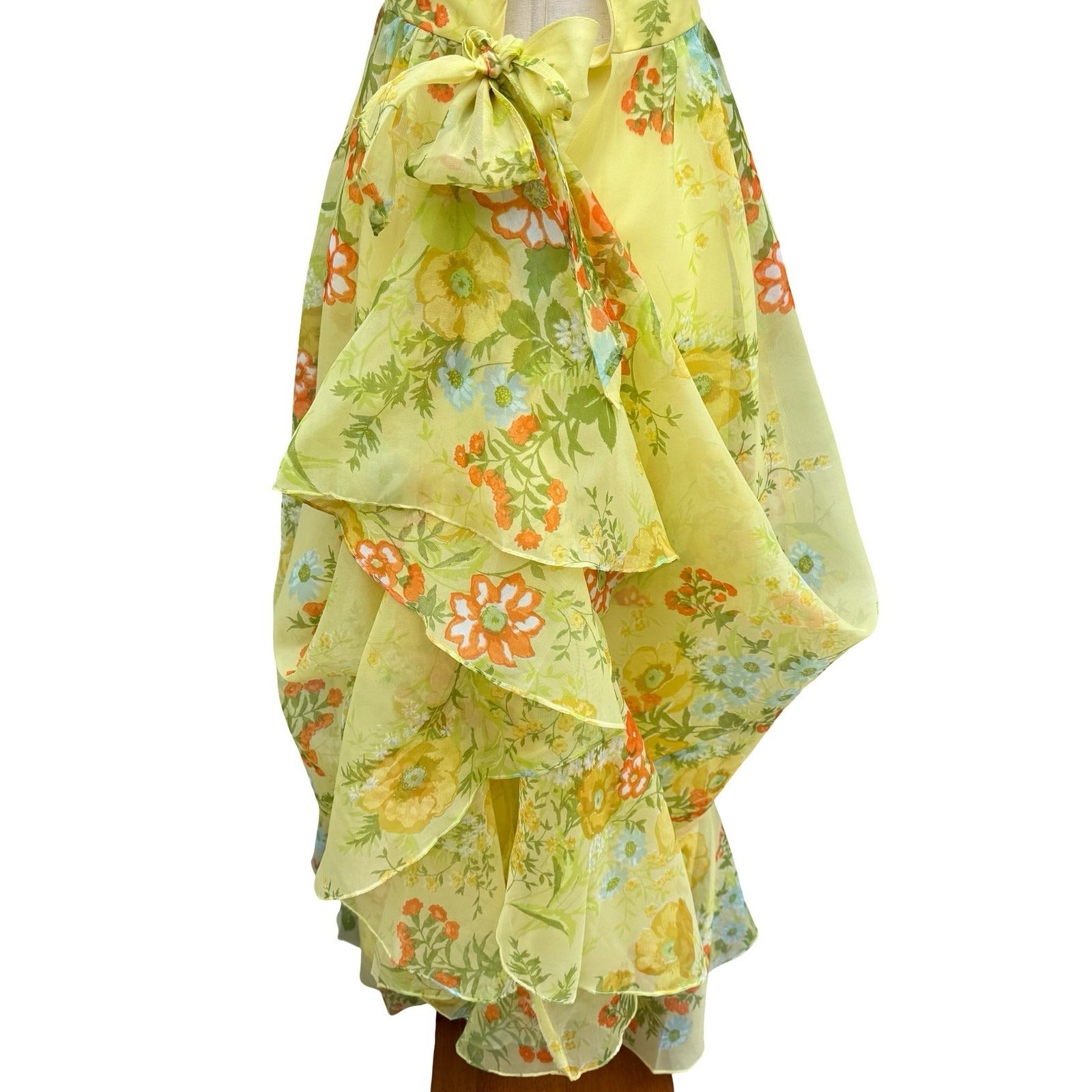 Vintage 70s Yellow Floral Chiffon Maxi Dress Ruffle Flutter Sleeve Garden Party