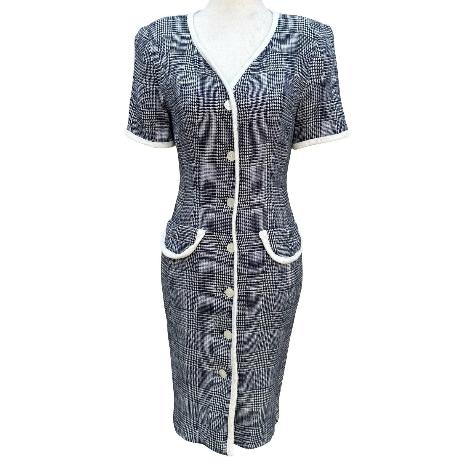 Maggy London Kenneth Nolan Vintage 90s Glen Plaid Button Front Midi Sheath Dress