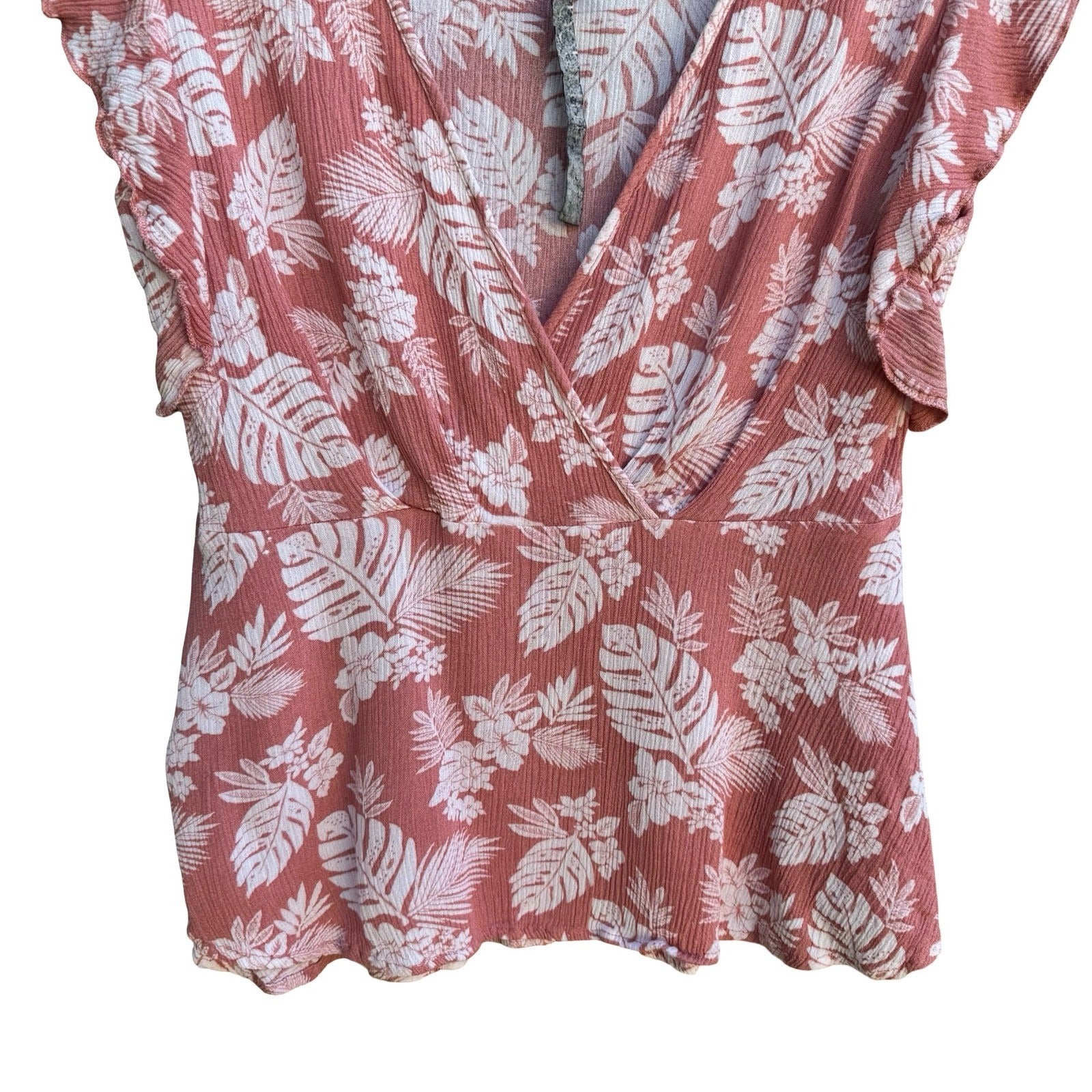 Papermoon Tropical Floral Beachy Boho Girly Surplice Ruffle Top Pink Womens S