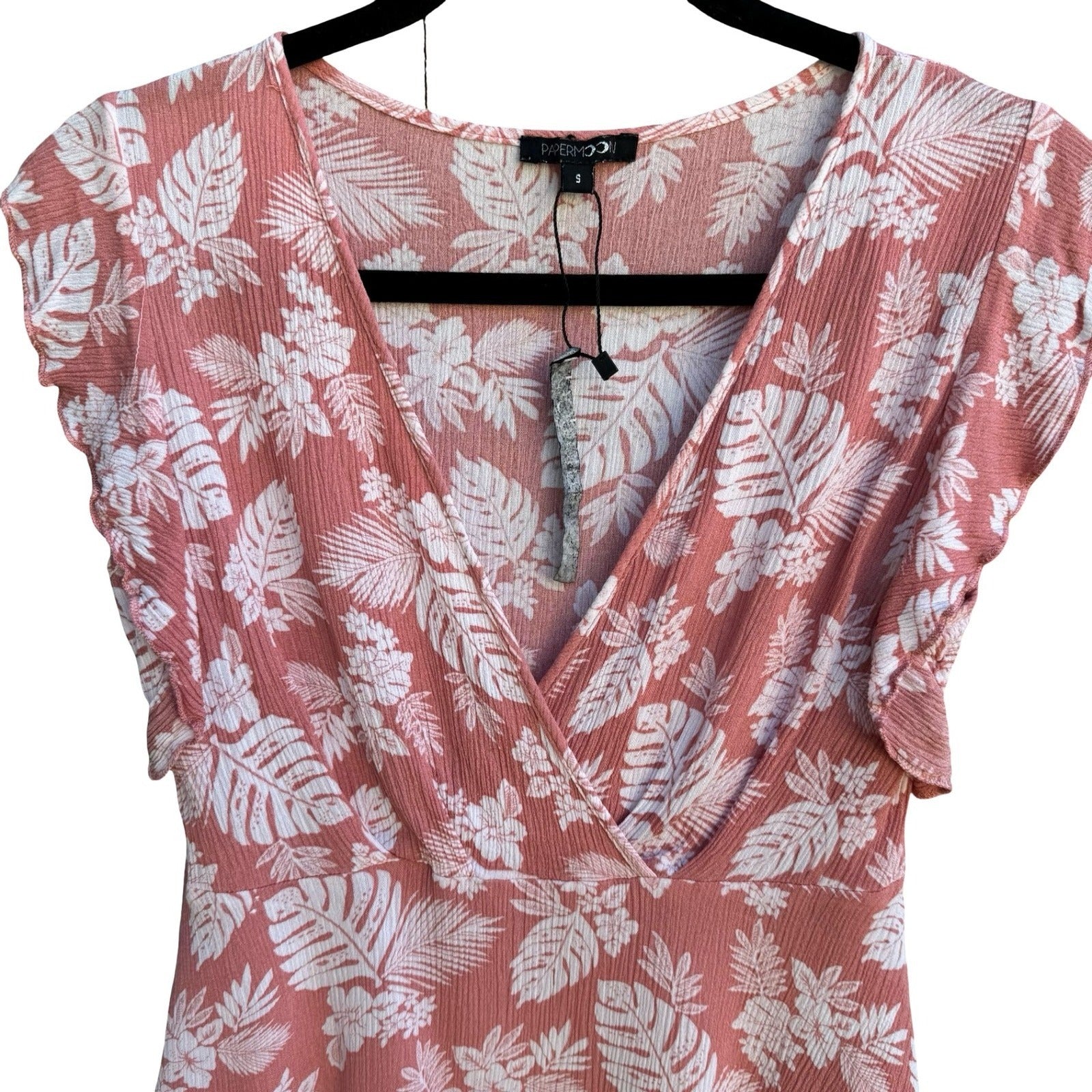 Papermoon Tropical Floral Beachy Boho Girly Surplice Ruffle Top Pink Womens S