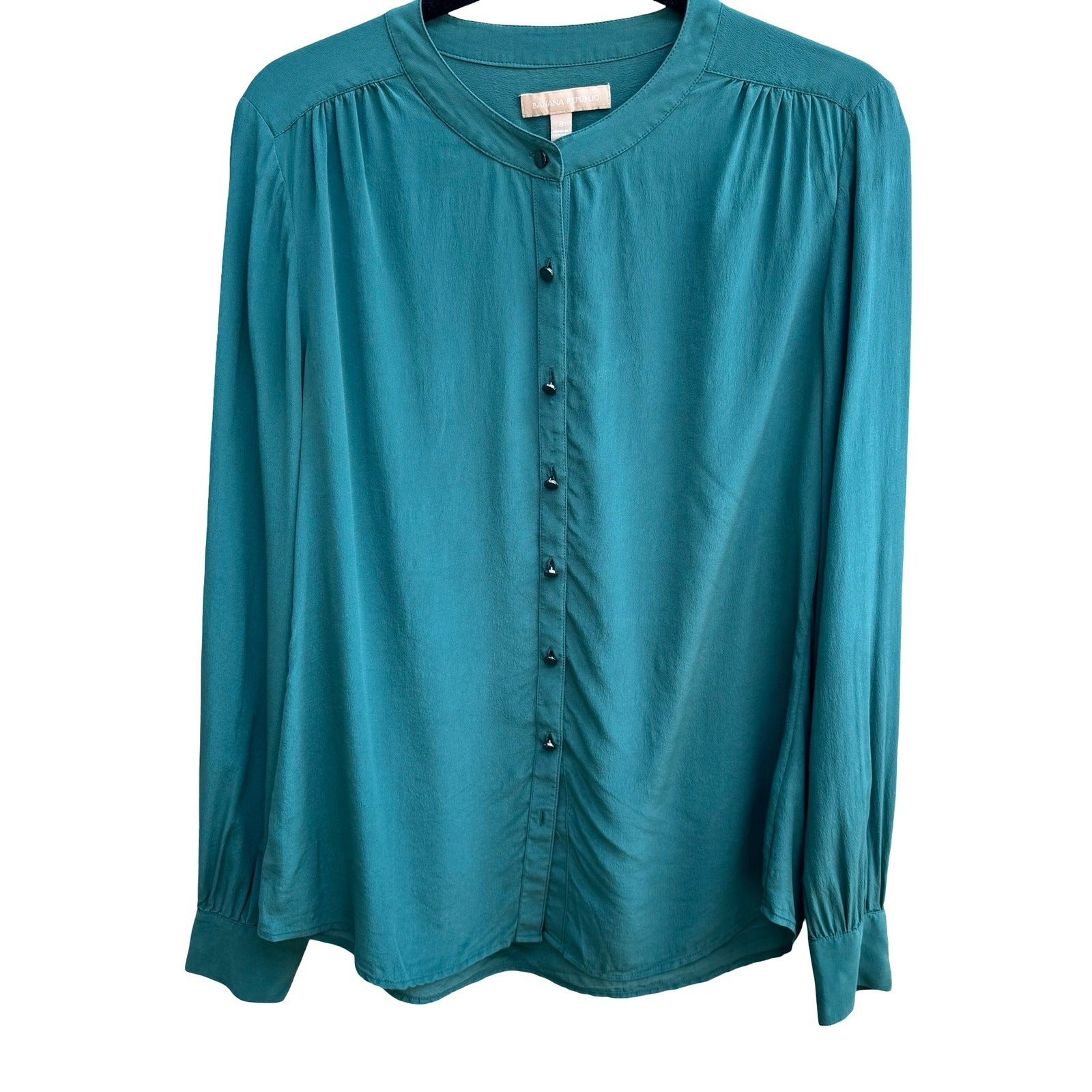 Banana Republic 100% Silk Quiet Luxury Minimalist Band Collar Blouse Teal 8