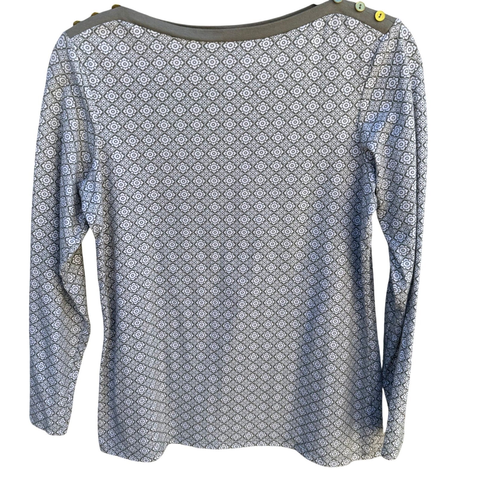 Diane Gilman Womens XS Taupe Geometric Tile Print Boat Neck Button Shoulder Top