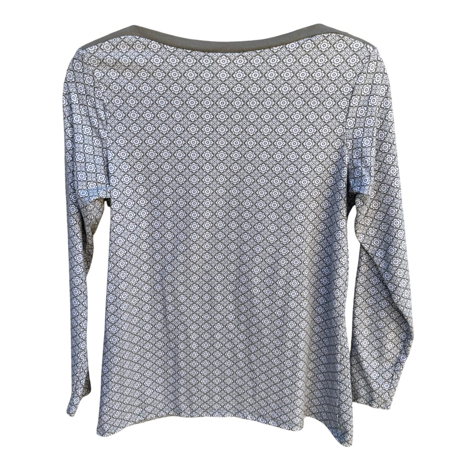 Diane Gilman Womens XS Taupe Geometric Tile Print Boat Neck Button Shoulder Top