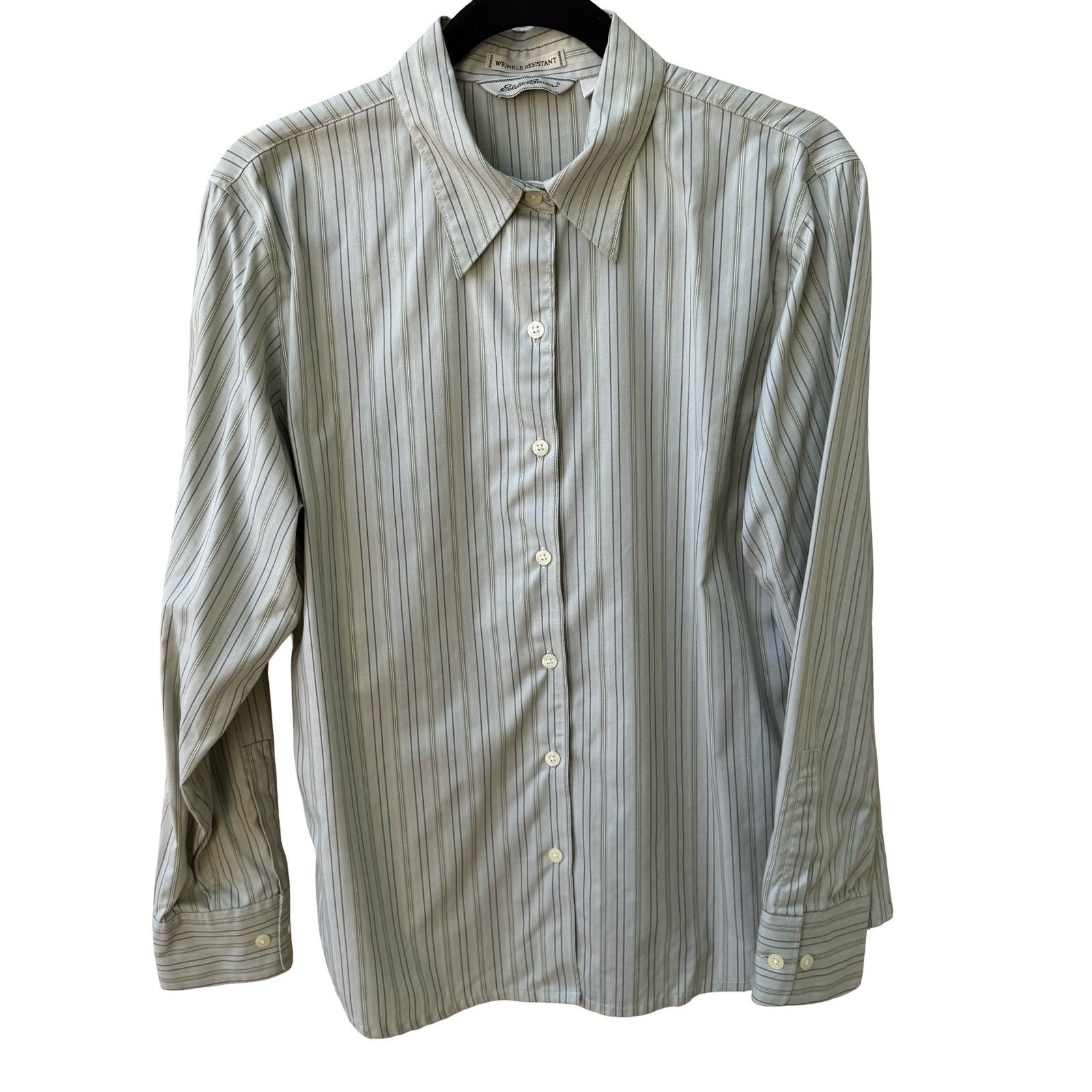 Eddie Bauer Coastal Preppy Striped Wrinkle Resistant Cotton Shirt Sage Green M