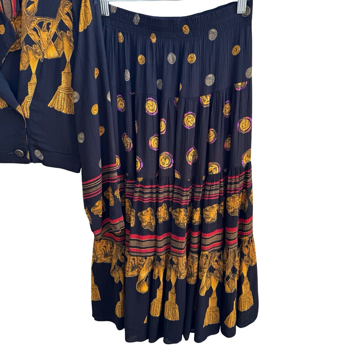 Carole Little Vintage 90s Dark Academia Boho Tassel Print Skirt Suit Set Black 6