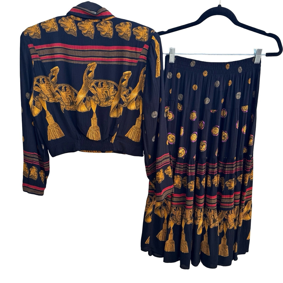 Carole Little Vintage 90s Dark Academia Boho Tassel Print Skirt Suit Set Black 6