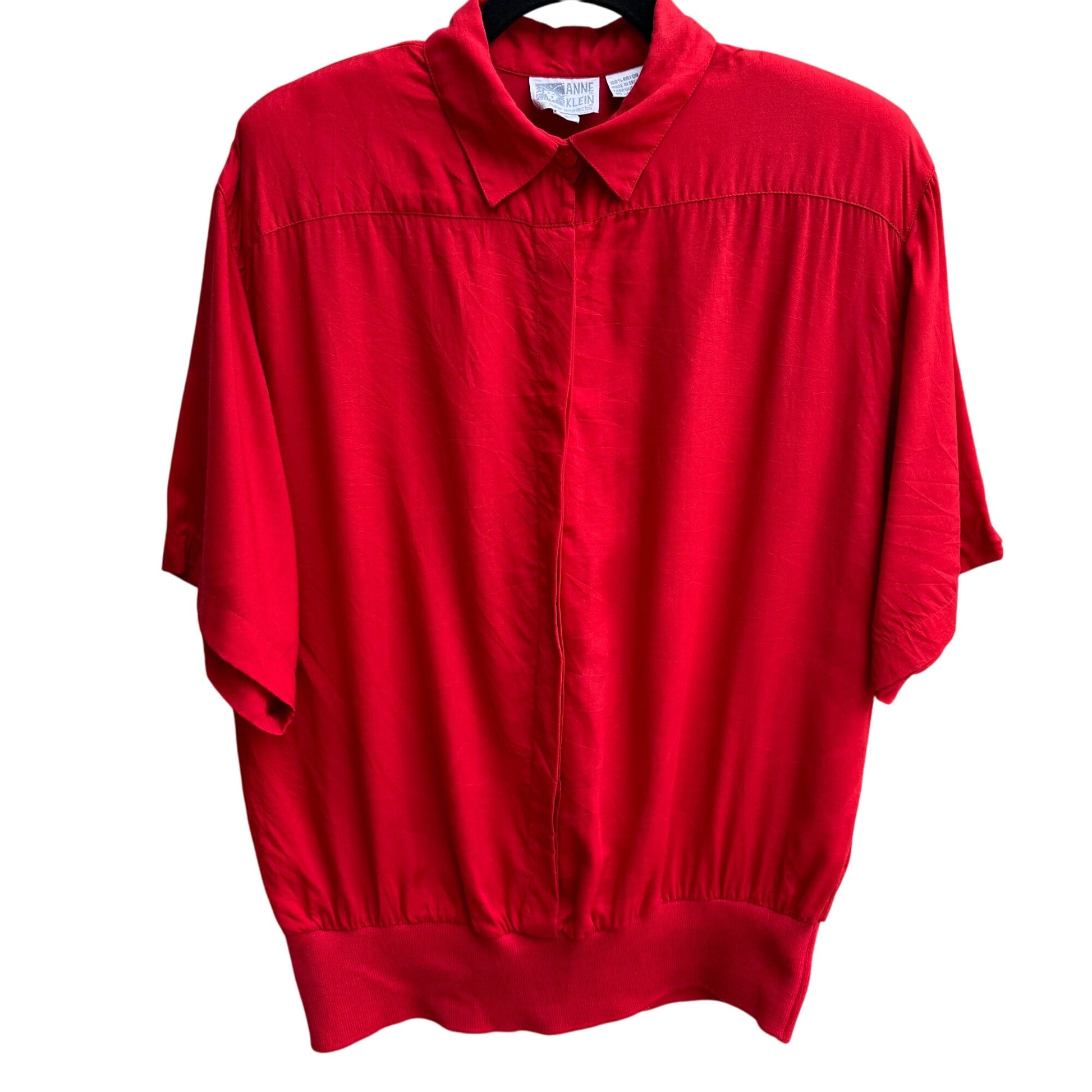 Anne Klein Vintage Womens Red Short Sleeve Band Waist Pullover Shirt Blouse 16