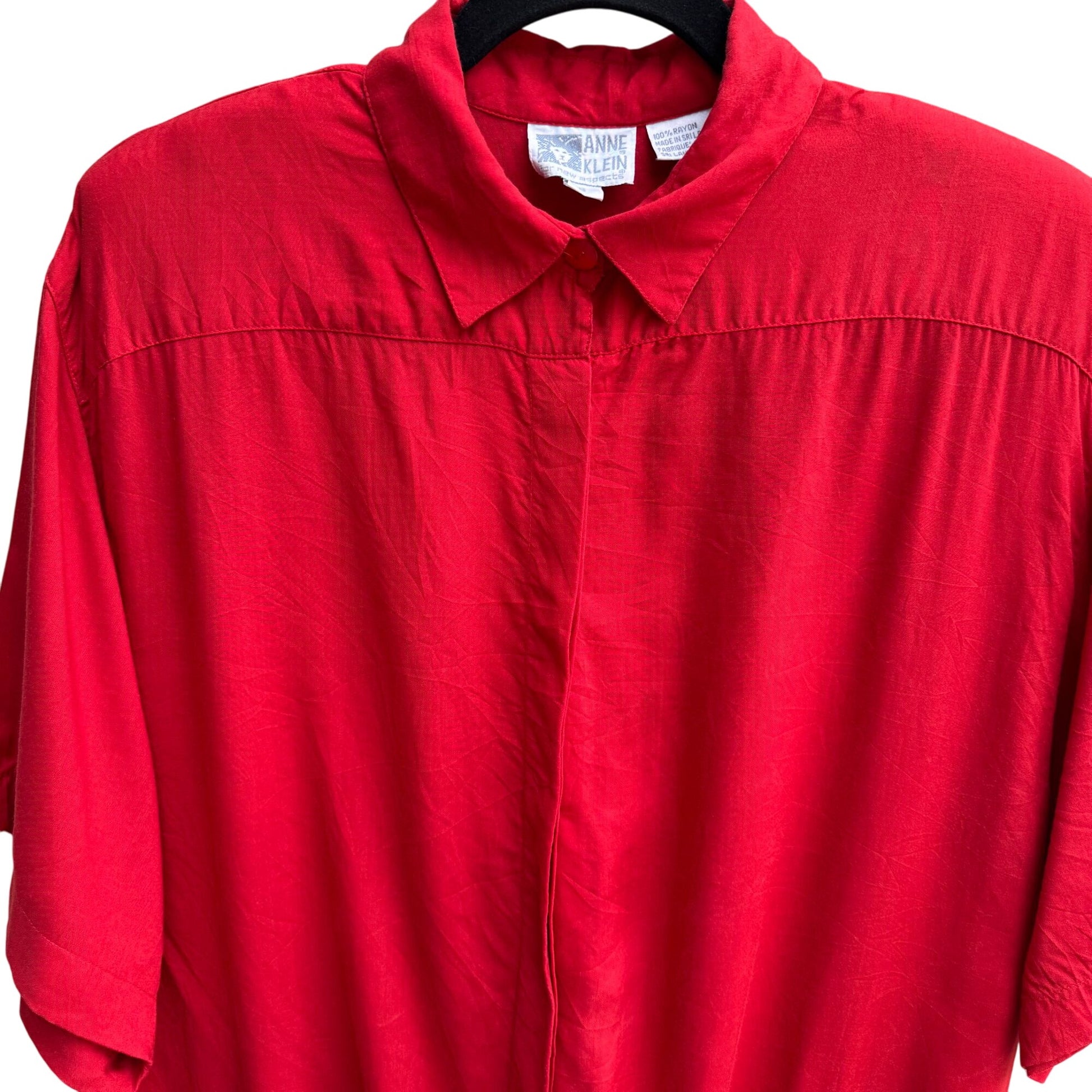 Anne Klein Vintage Womens Red Short Sleeve Band Waist Pullover Shirt Blouse 16