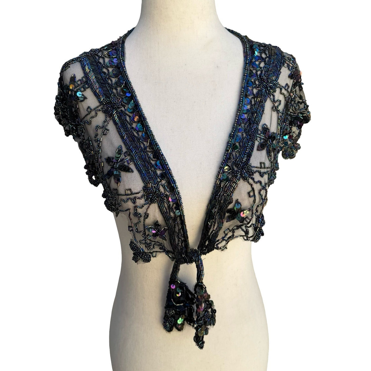 Vintage Glam Iridescent Beaded Mesh Bolero Shrug Tie Front Floral Capelet OS