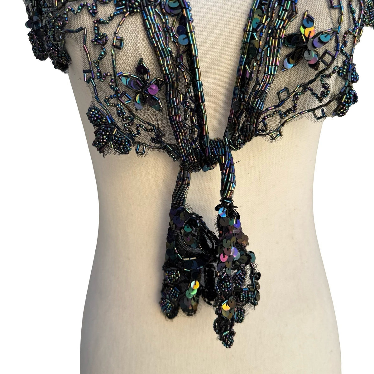Vintage Glam Iridescent Beaded Mesh Bolero Shrug Tie Front Floral Capelet OS