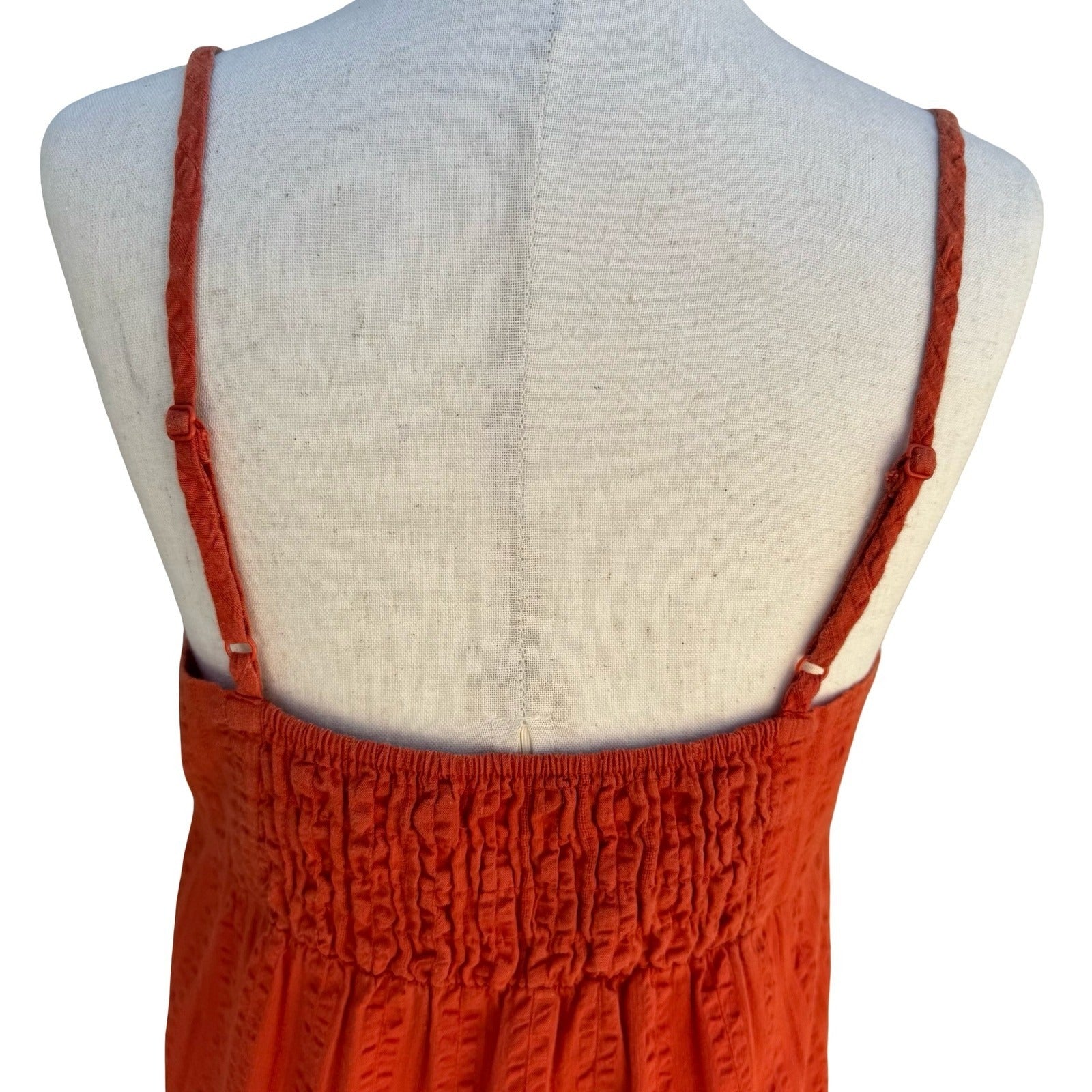 Boho Textured Tiered Midi Dress Smocked Boho Orange Coastal Sundress Cottage