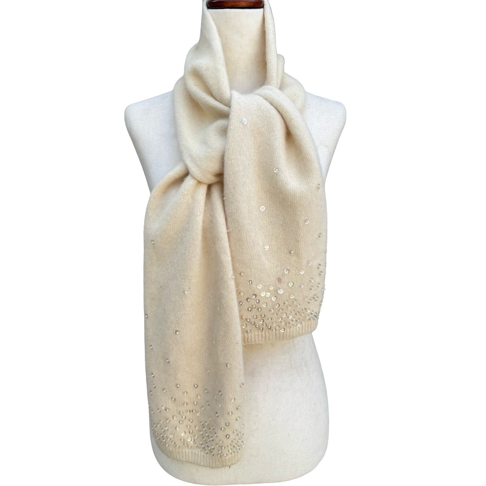 H&M Lambswool Angora Blend Sequin Knit Scarf Cream Ivory Soft Shimmer Sparkle