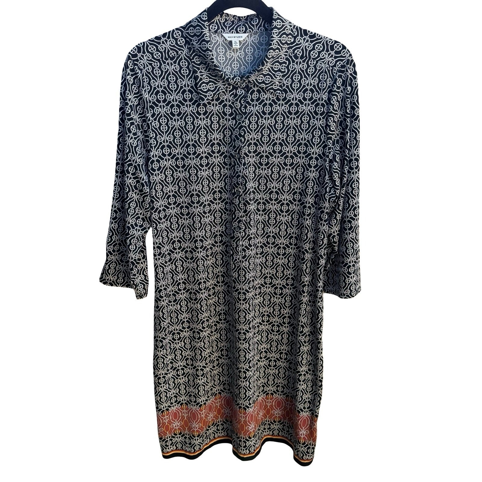 Max Studio Mod Geometric Chain Print 3/4 Sleeve Jersey Knit Shirt Dress Black XL