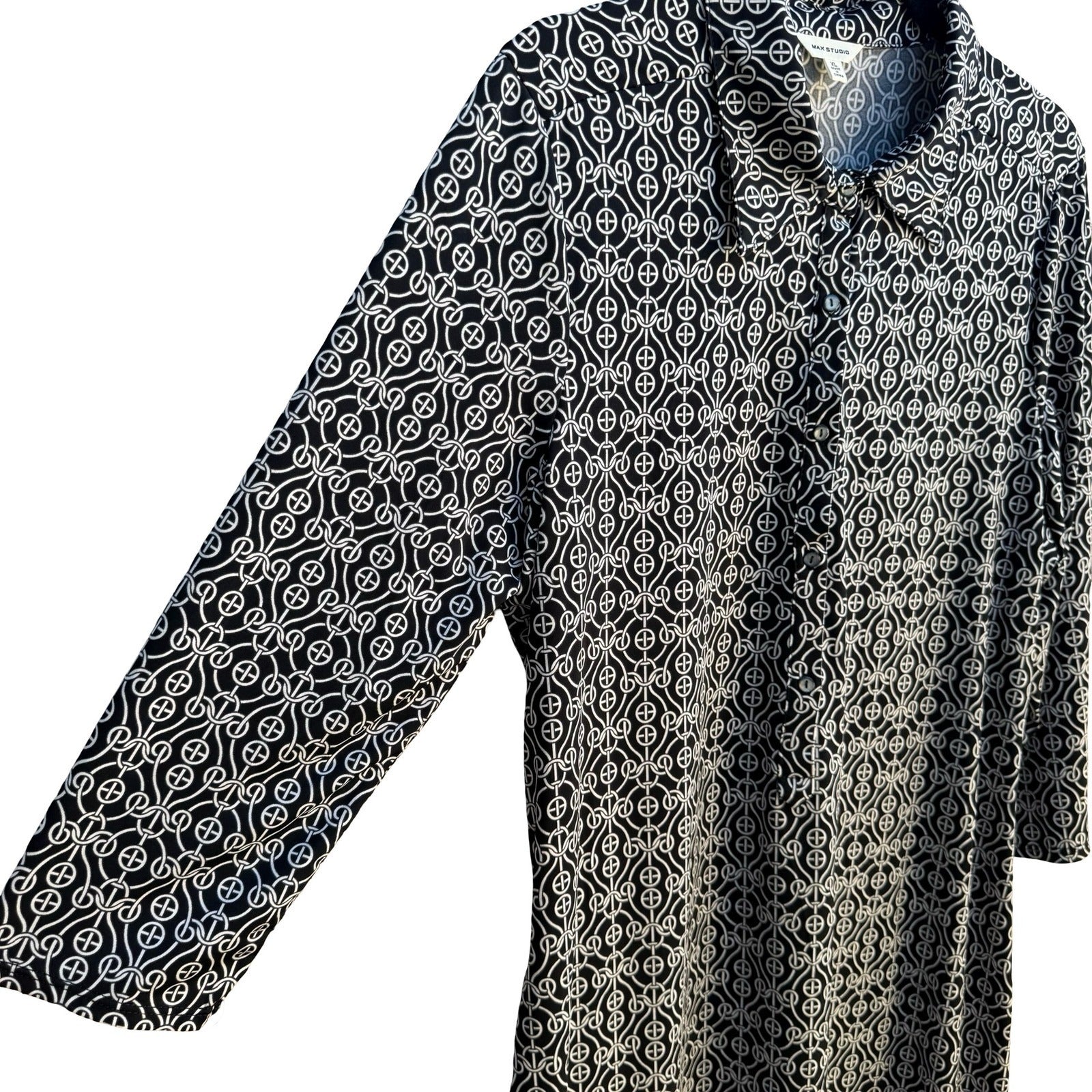 Max Studio Mod Geometric Chain Print 3/4 Sleeve Jersey Knit Shirt Dress Black XL