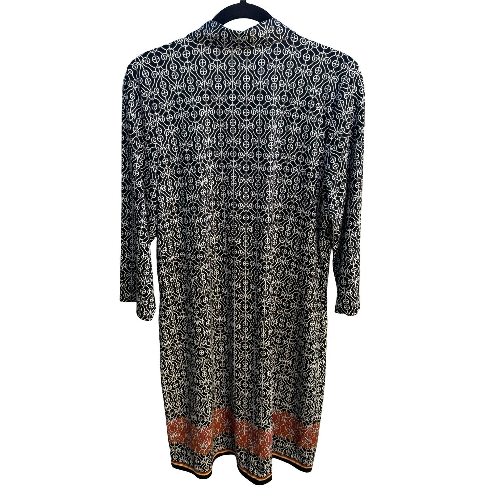 Max Studio Mod Geometric Chain Print 3/4 Sleeve Jersey Knit Shirt Dress Black XL