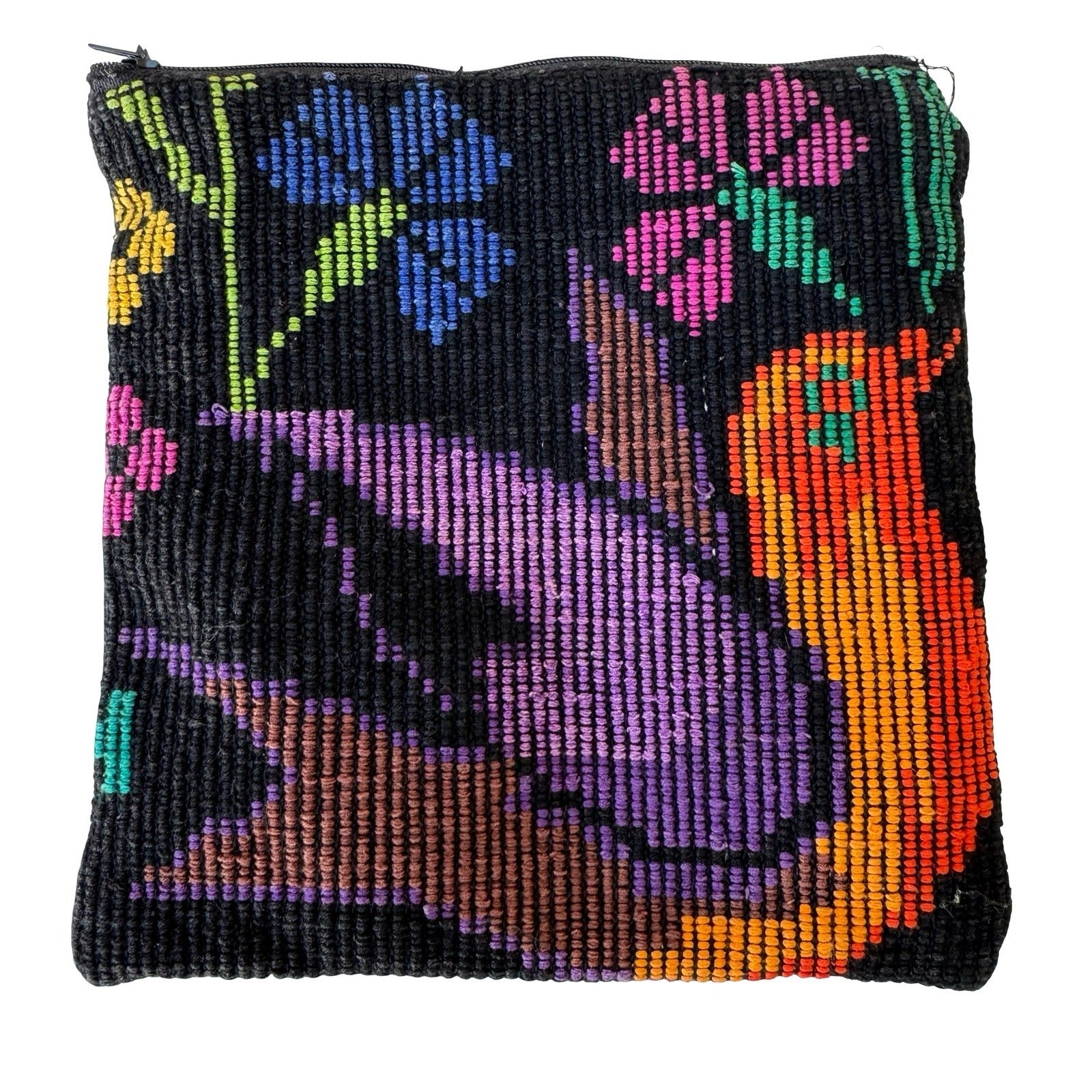 Vintage Handwoven Bird Floral Tapestry Pouch Black Multi Boho Zipper Clutch Bag
