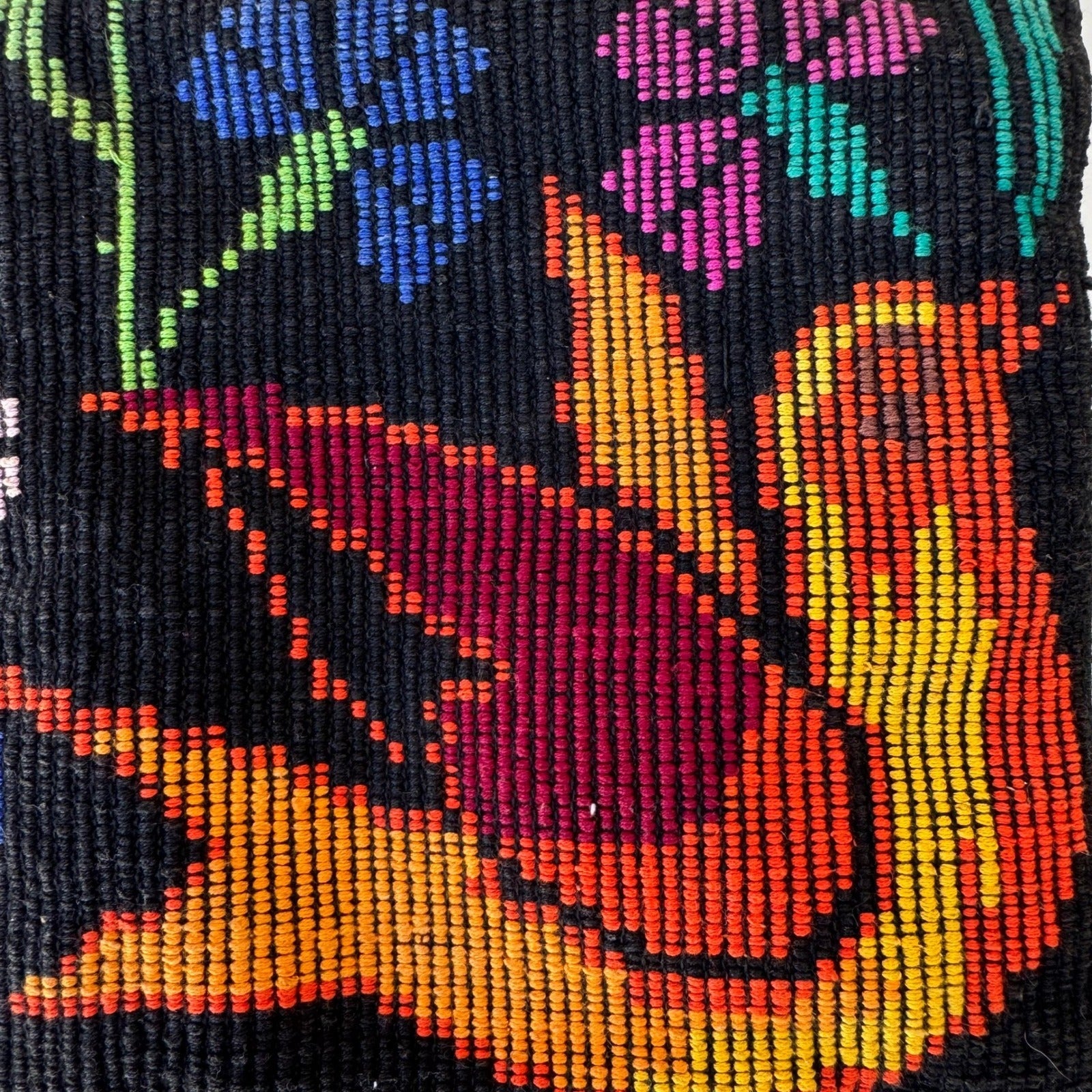 Vintage Handwoven Bird Floral Tapestry Pouch Black Multi Boho Zipper Clutch Bag