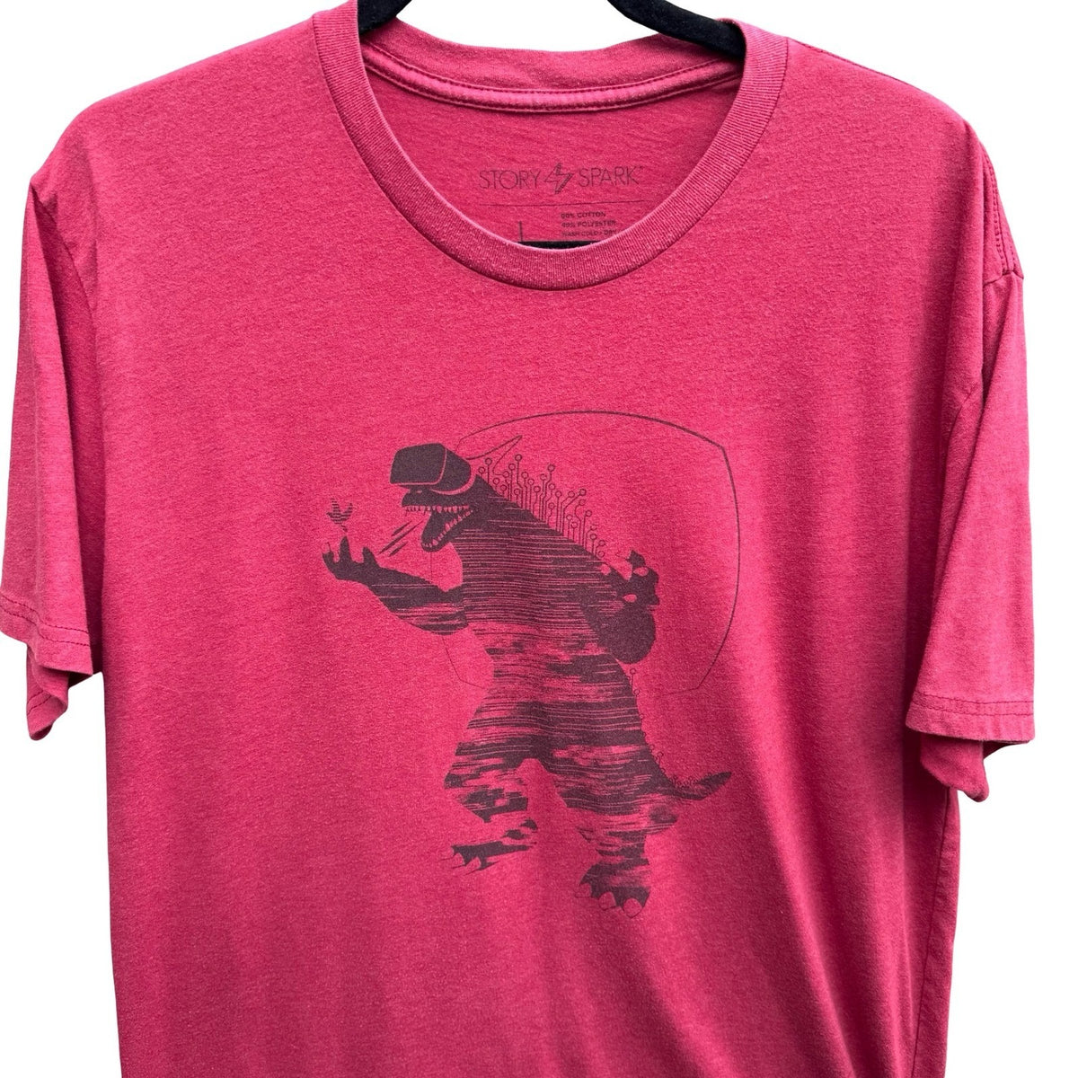 Story Spark VR Dinosaur Gamer Techwear T-Rex Geeky Nerd Graphic Tee Shirt Mens L