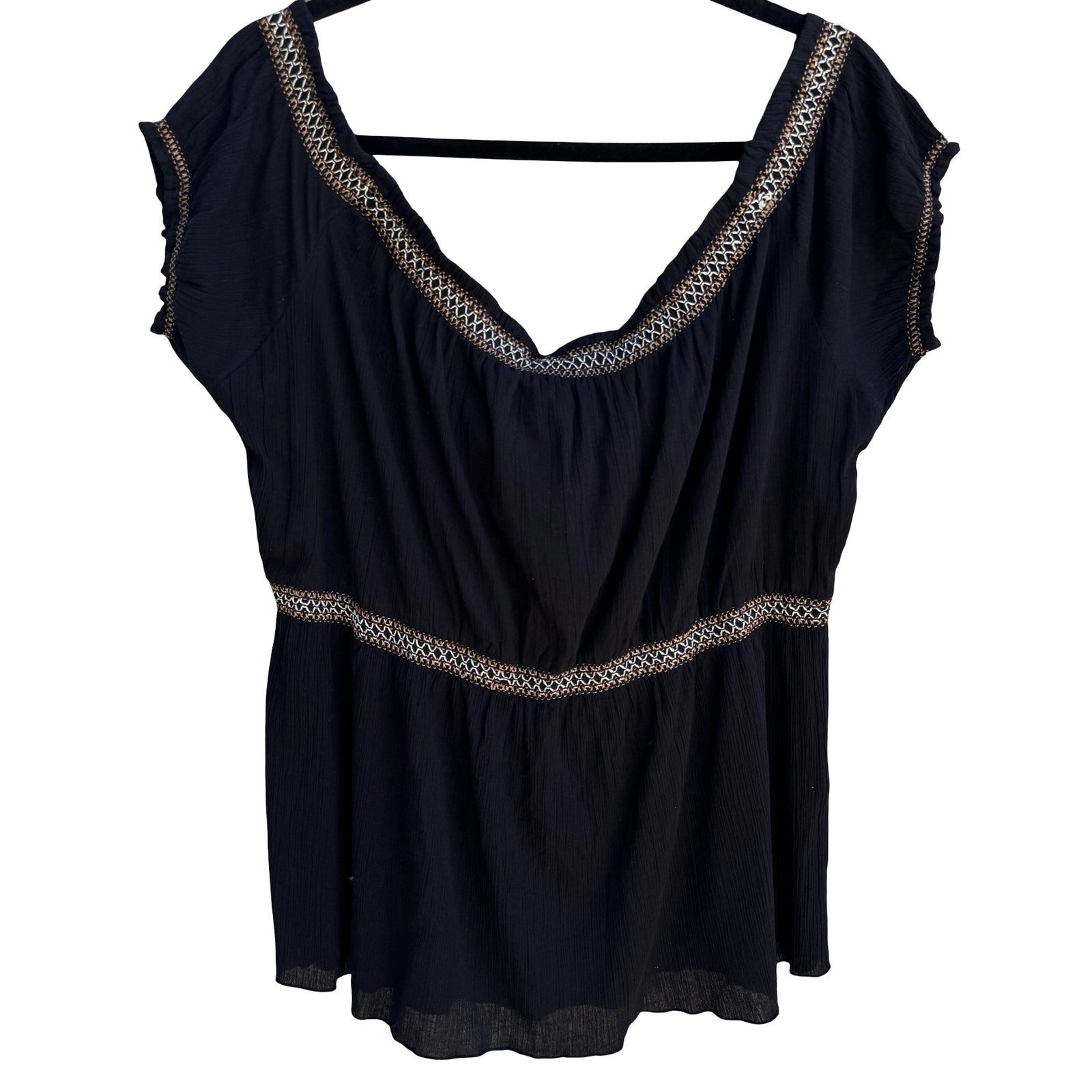 Mix Nouveau Black Cotton Gauze Embroidered Boho Peasant Top XL NEW Festival