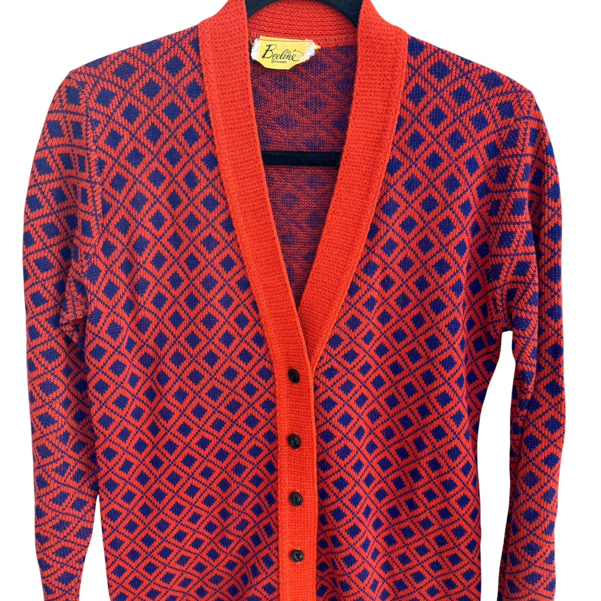 Beeline Fashions Vintage 60s Mod Orange Blue Diamond Knit Cardigan Sweater M