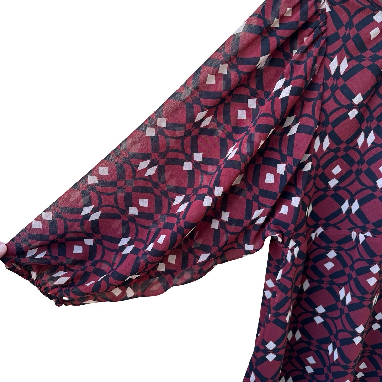 Zara Boho Mod Ethereal Geometric Print Puff Sleeve Mini Shift Dress Burgundy S