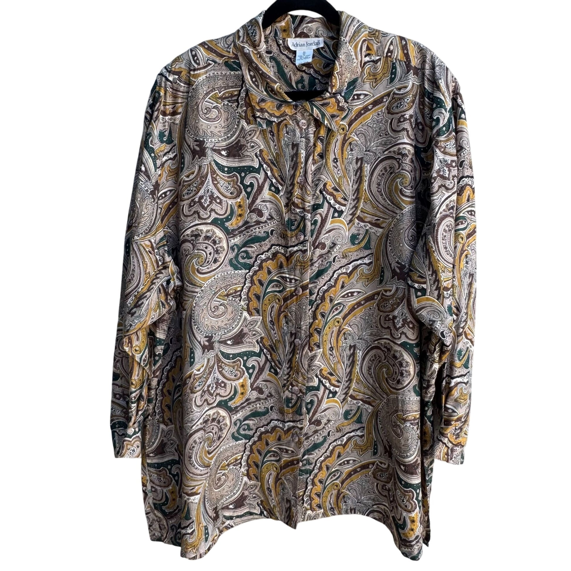 Adrian Jordan Vintage Womens Boho Paisley Silk Long Sleeve Button Shirt Blouse 22