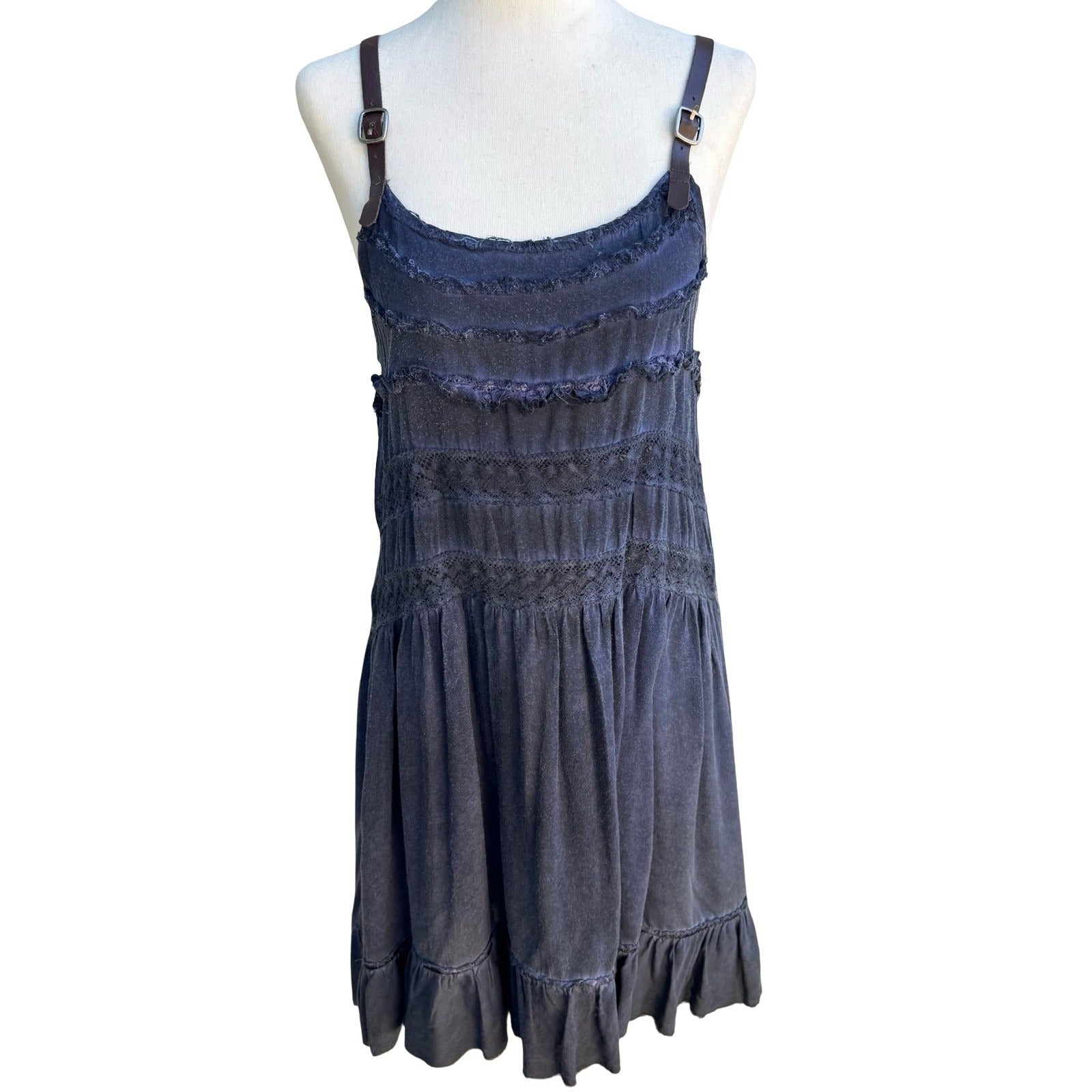 Black Swan Y2K Boho Festival Tiered Crochet Lace Leather Strap Mini Dress Navy S