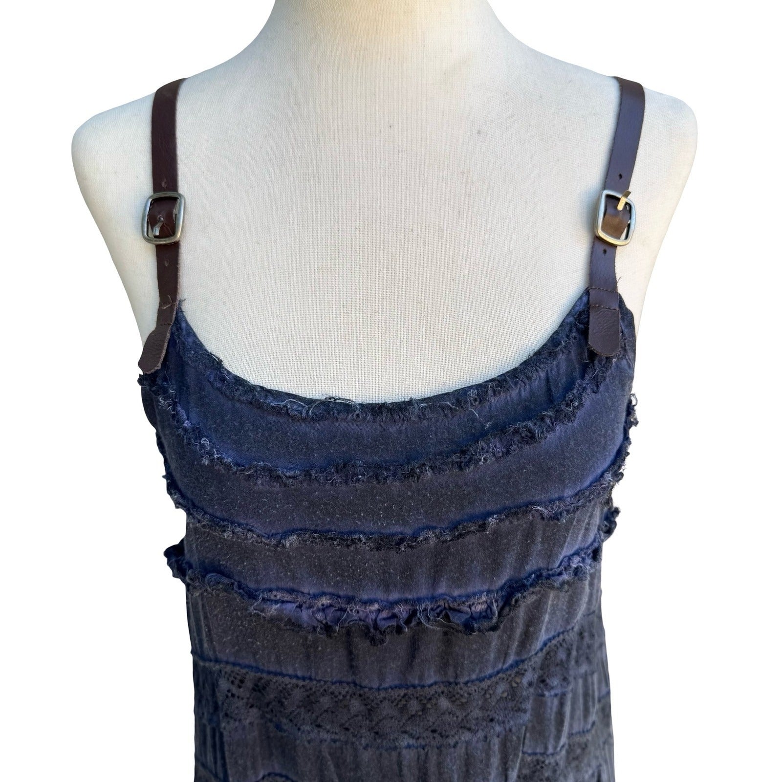 Black Swan Y2K Boho Festival Tiered Crochet Lace Leather Strap Mini Dress Navy S