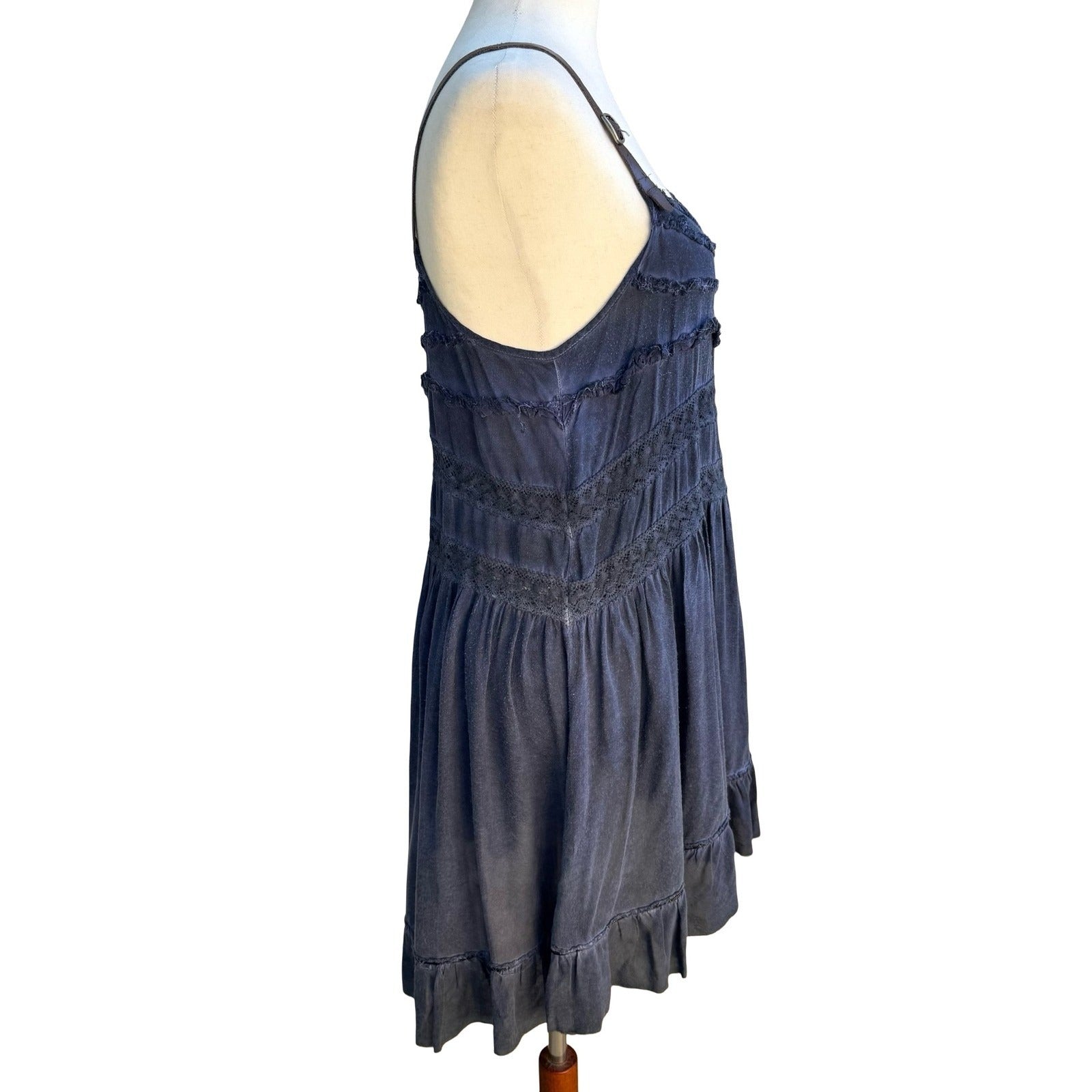 Black Swan Y2K Boho Festival Tiered Crochet Lace Leather Strap Mini Dress Navy S